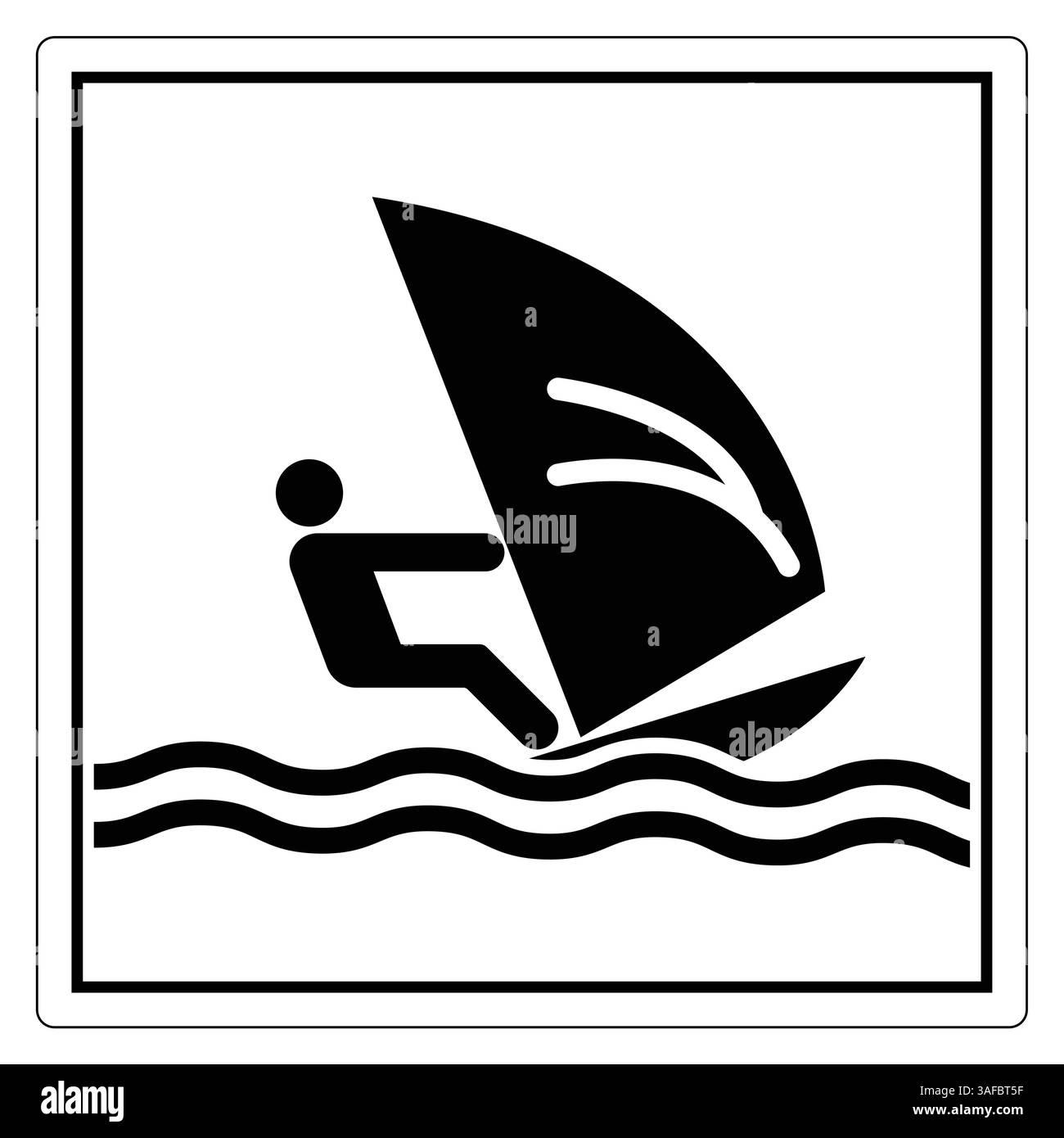 Minimalistisches Symbol für Windsurfer auf Wasseroberfläche mit dynamischer Bewegungsdarstellung Stock Vektor