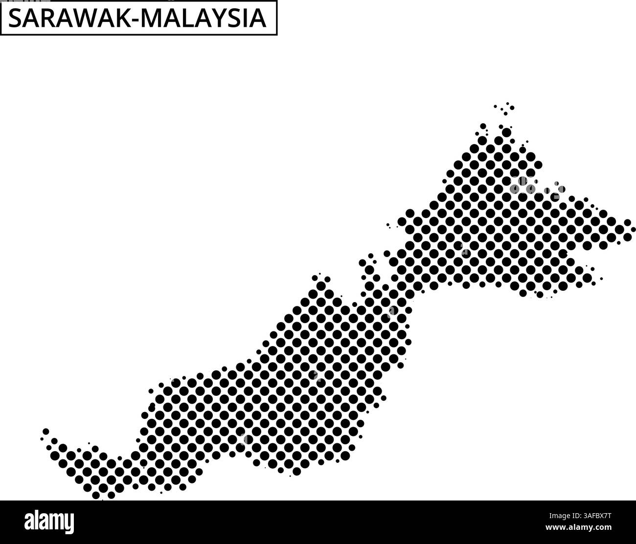 Eine gepunktete Karte zeigt die geografische Umrisse Malaysias und zeigt seine beiden wichtigsten Regionen und umliegenden Gebiete in einem minimalistischen Stil. Stock Vektor