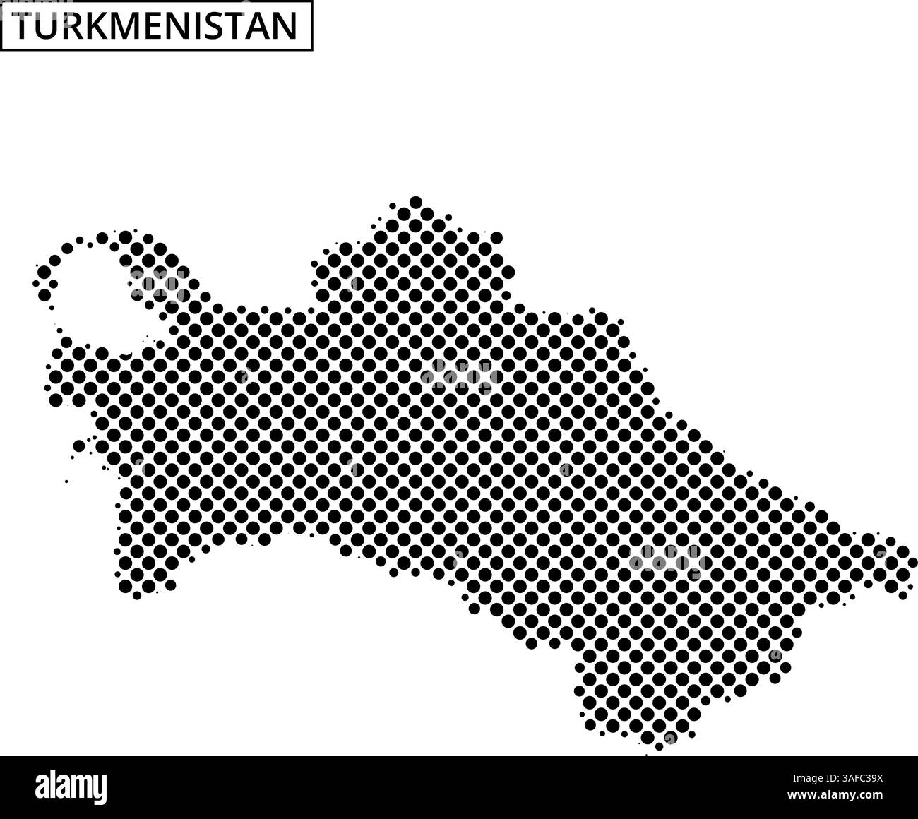 Die markante Umrisse Turkmenistans wird mit einem gepunkteten Muster erstellt, das die geografische Form des Landes mit subtiler Textur zeigt. Stock Vektor