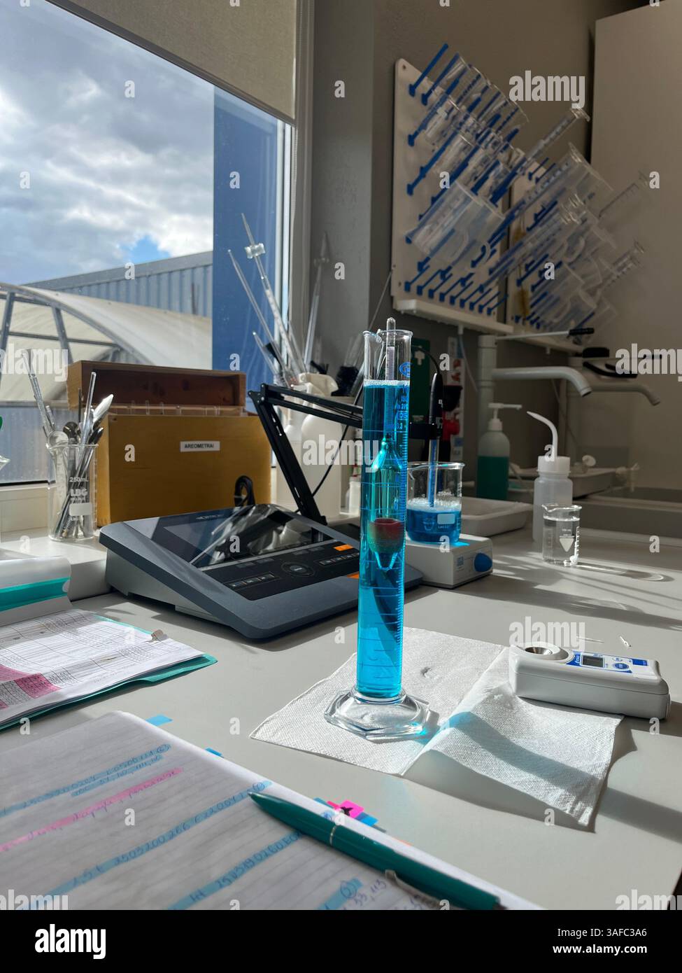 Farbenfrohe Wissenschaft, Labormaterial, das kreativen Vibe verleiht. Stockfoto
