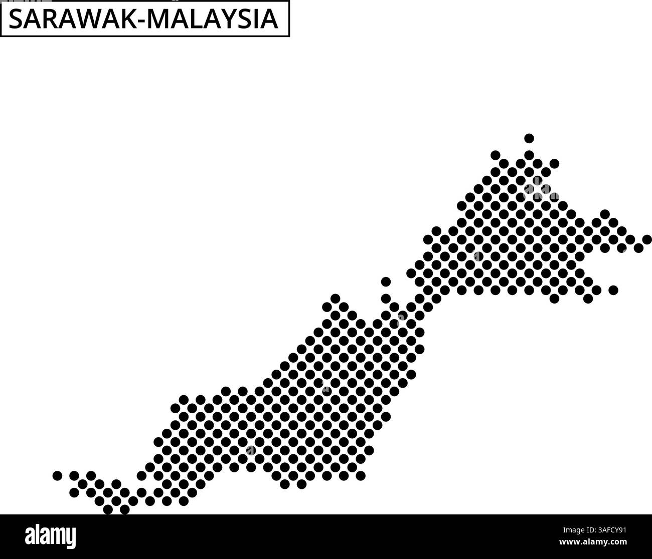 Eine gepunktete Karte zeigt die geografische Umrisse Malaysias und zeigt seine beiden wichtigsten Regionen und umliegenden Gebiete in einem minimalistischen Stil. Stock Vektor