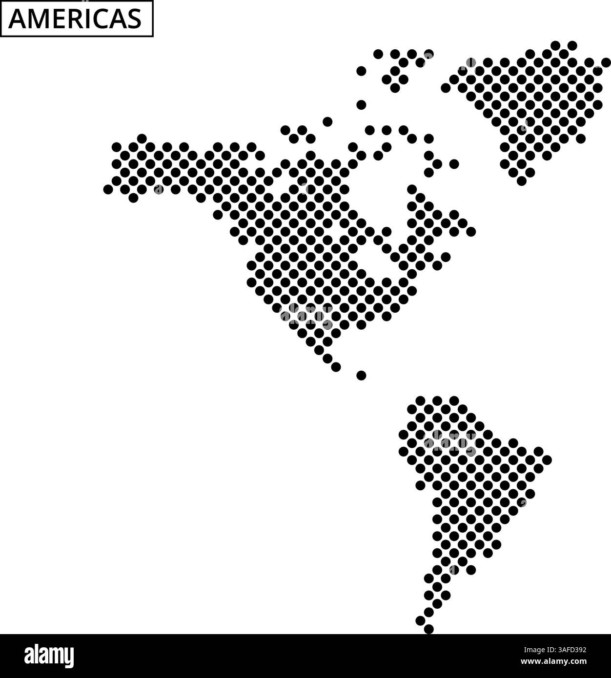 Eine gepunktete Karte zeigt Amerika und zeigt geografische Besonderheiten und Orte in einem einzigartigen künstlerischen Stil. Stock Vektor