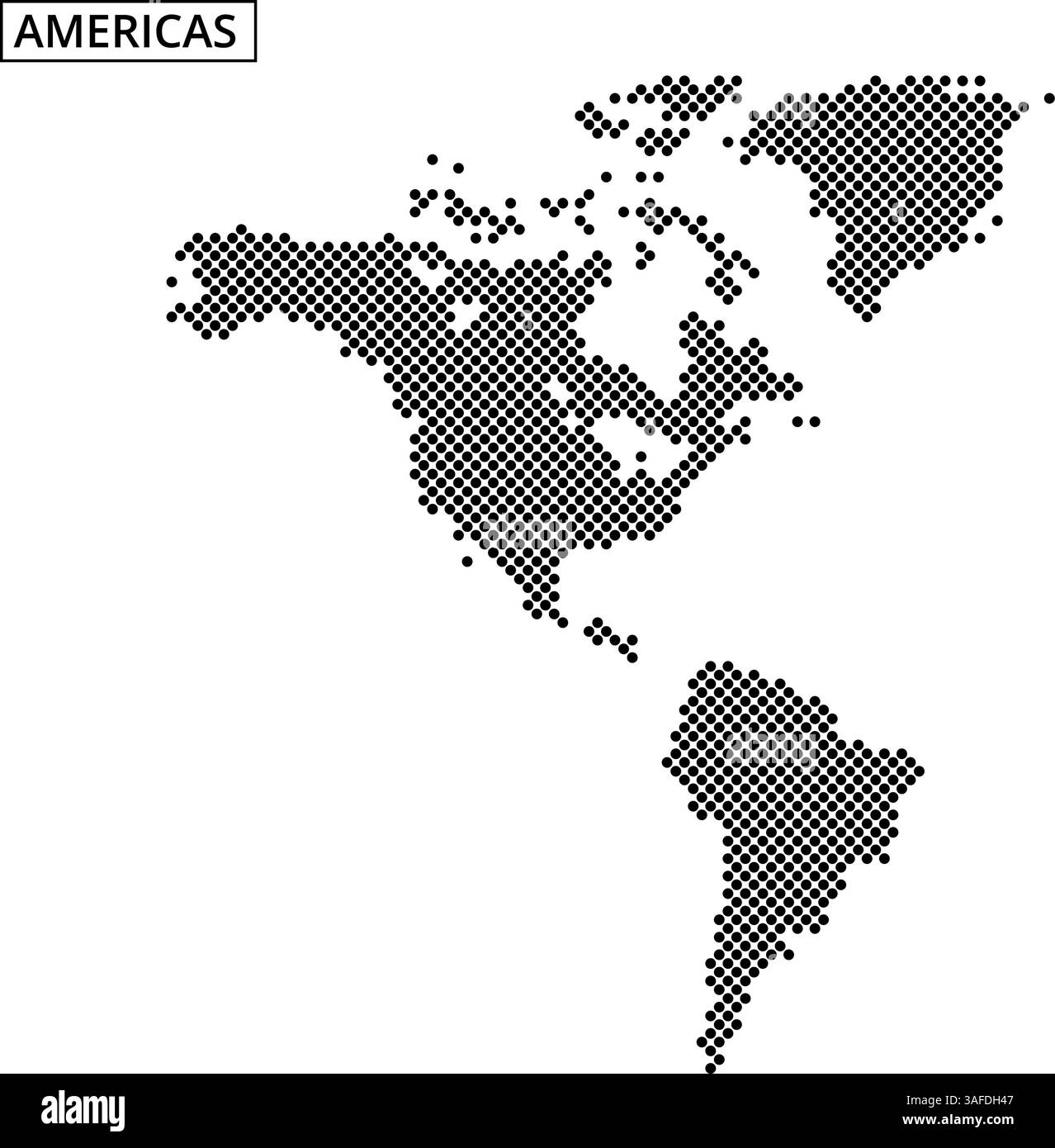 Eine gepunktete Karte zeigt Amerika und zeigt geografische Besonderheiten und Orte in einem einzigartigen künstlerischen Stil. Stock Vektor