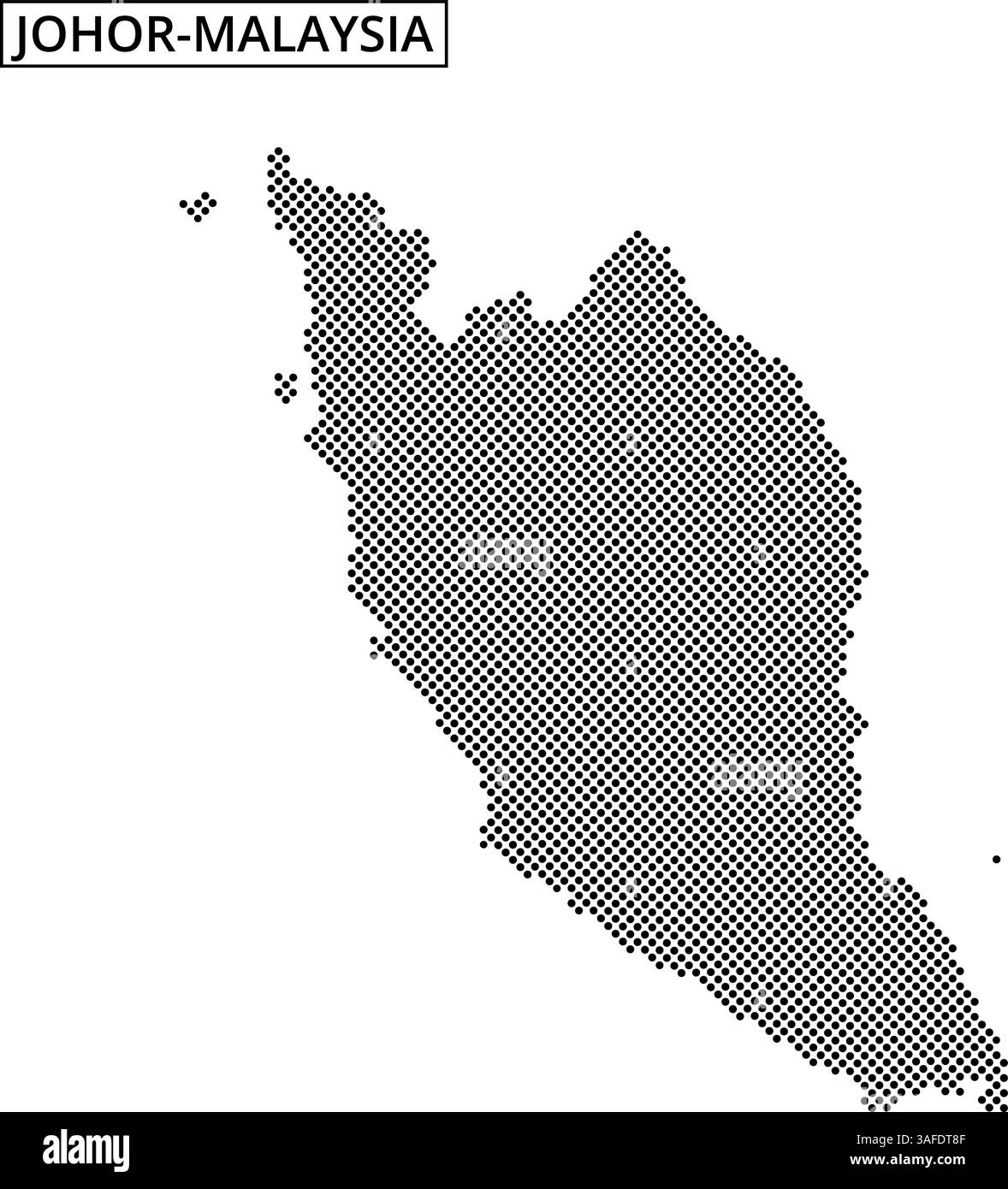 Eine gepunktete Karte zeigt die geografische Umrisse Malaysias und zeigt seine beiden wichtigsten Regionen und umliegenden Gebiete in einem minimalistischen Stil. Stock Vektor