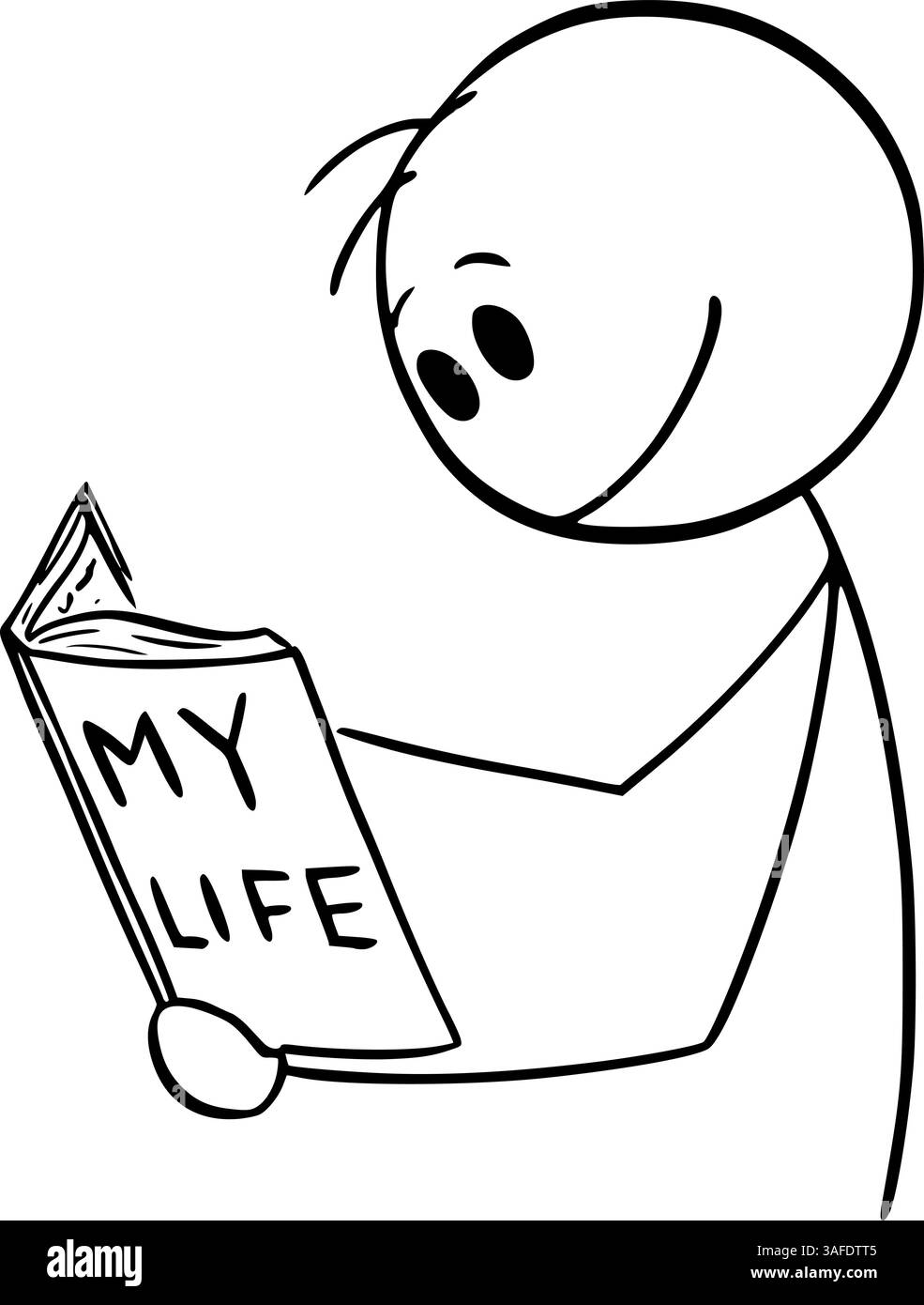 Person, die im Buch seines Lebens liest, Vektor-Cartoon-Stabfigur oder Charakterillustration. Stock Vektor
