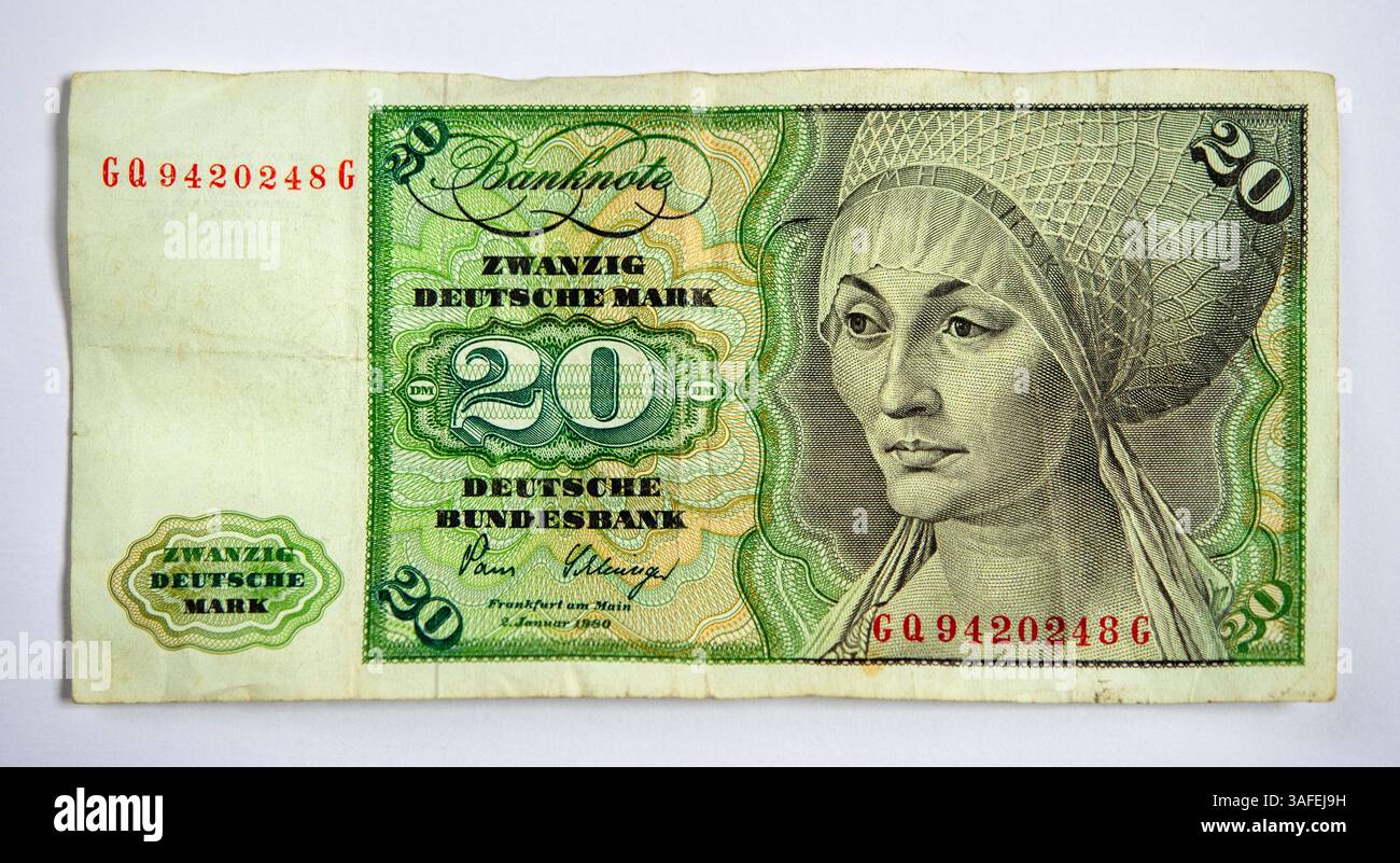 Stillleben einer inzwischen überholten deutschen 20-Mark-Banknote. Auch als Deutsche Mark bekannt, wurde die Währung bis 2002 verwendet. Stockfoto