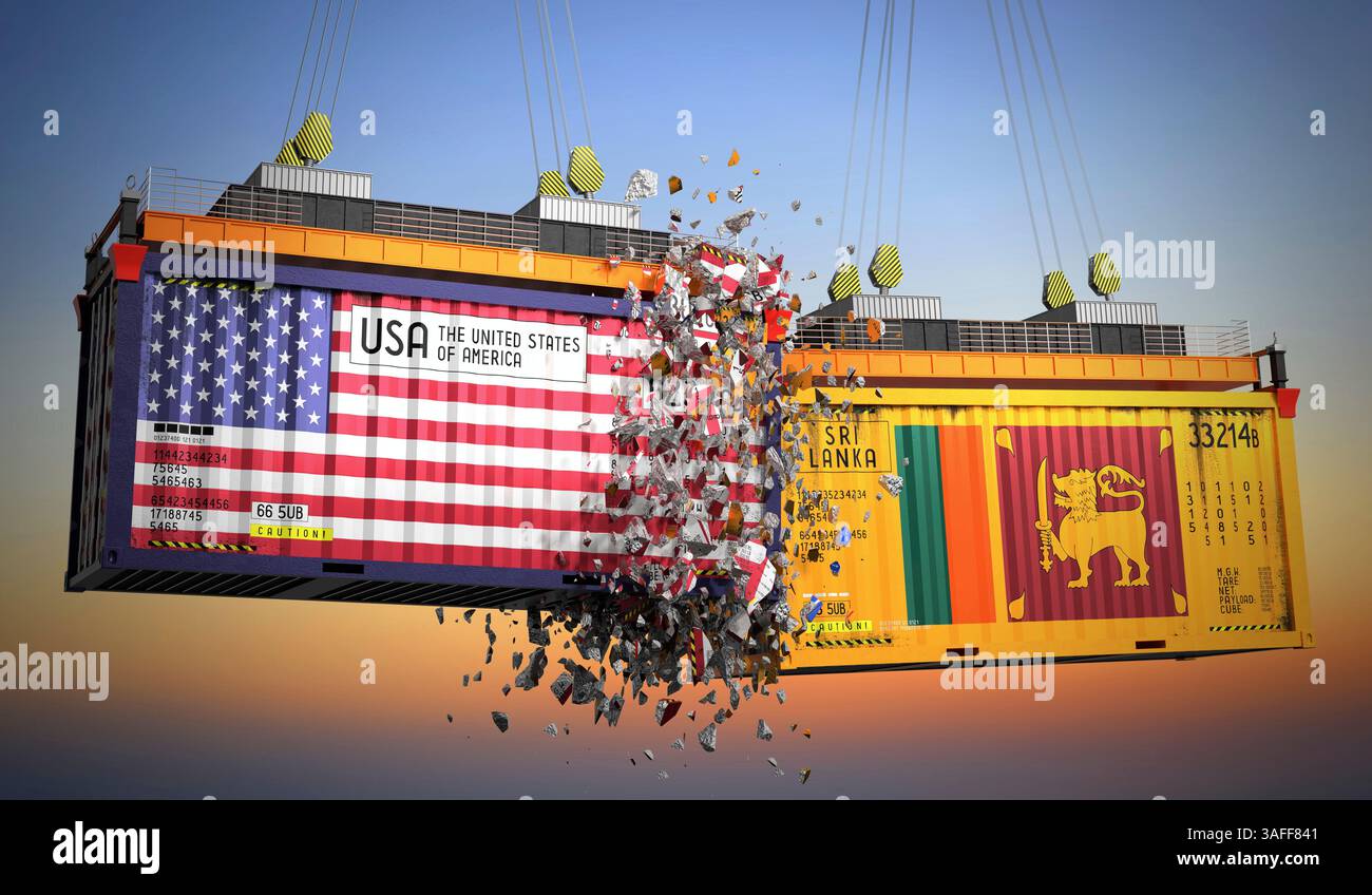 Frachtcontainer mit Fahnen der USA und Sri Lankas - 3D-Illustration Stockfoto