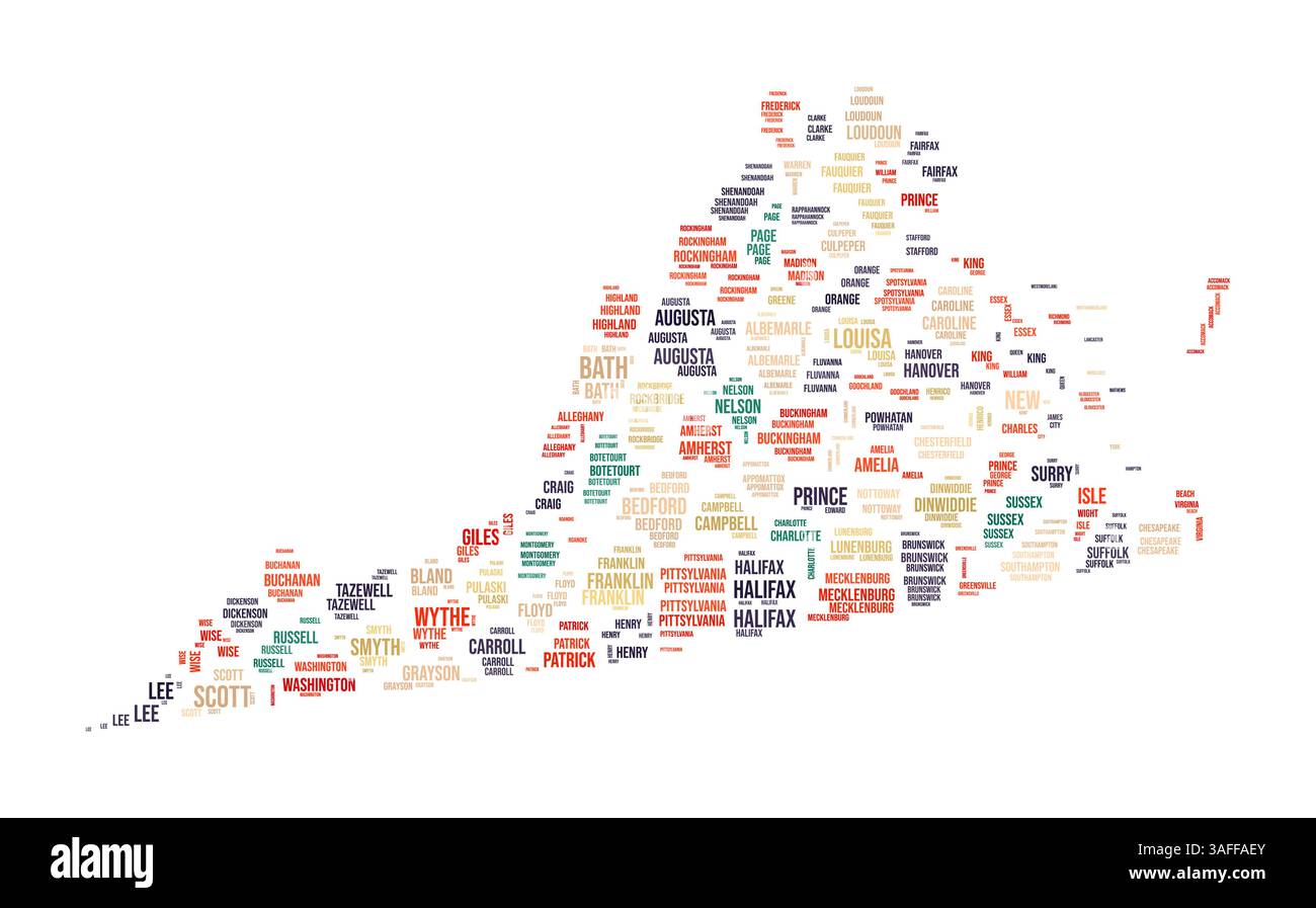 Virginia Word Cloud. Landesform mit Bezirkseinteilung. Bild im Virginia-Typografie-Stil. Bezirksnamen kennzeichnen Wolken. Vektorabbildung. Stock Vektor