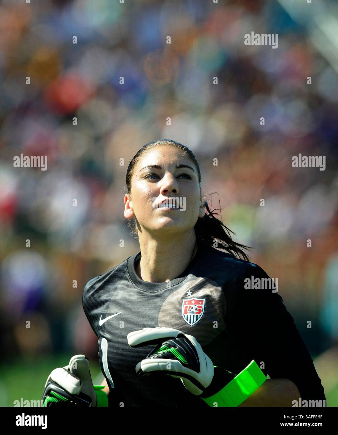 1. September 2012: US-Torhüterin Hope Solo (1) erobert das Feld, als die USA Costa Rica 8-0 in einem ausstellbaren Frauenfußballspiel im Sahlen's Stadium in Rochester, NY, besiegten. (Kreditbild: © Alan Schwartz/Cal Sport Media/ZUMAPRESS.com) Stockfoto
