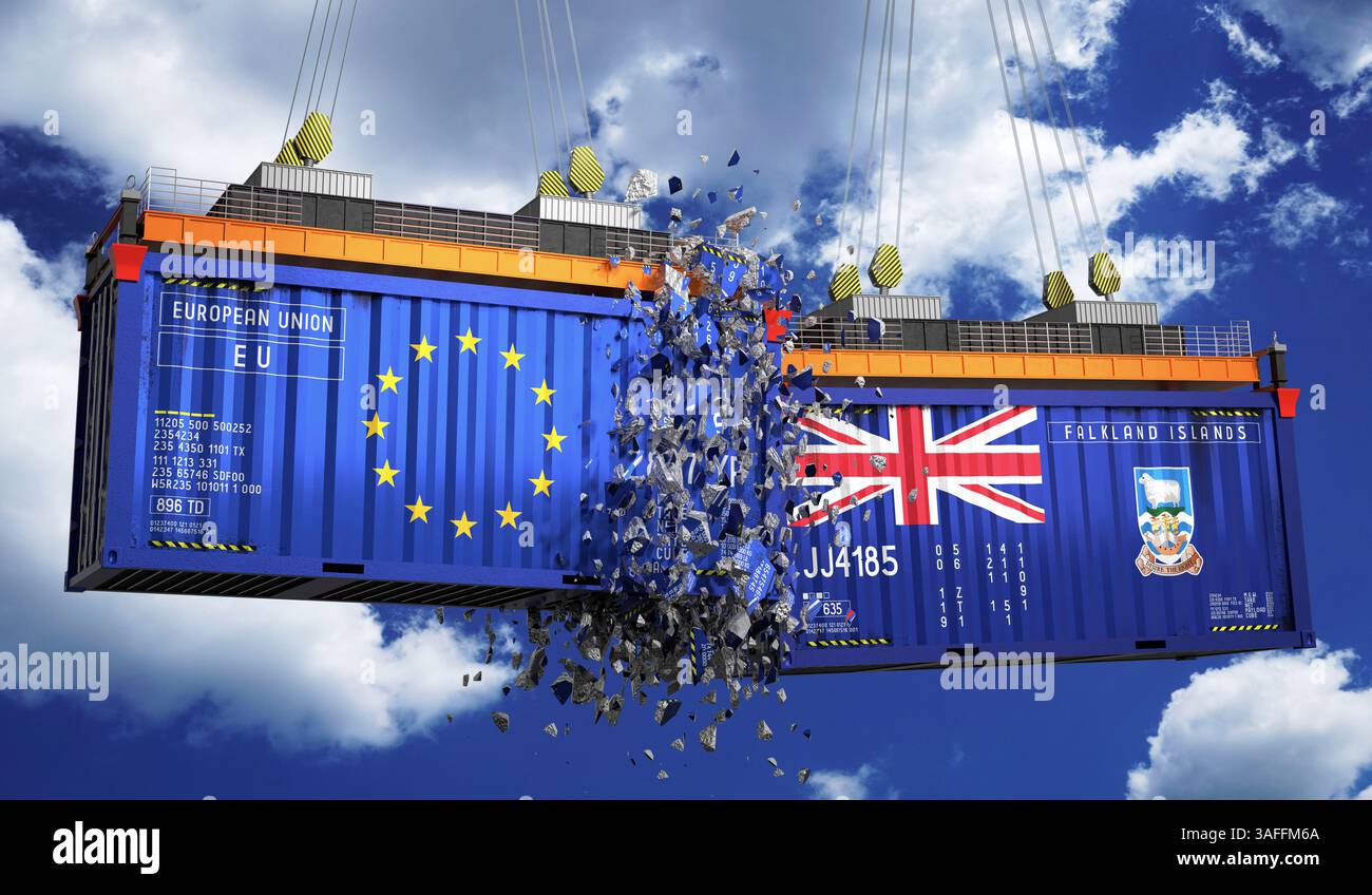 Frachtcontainer mit Flaggen der Europäischen Union und der Falklandinseln – 3D-Illustration Stockfoto