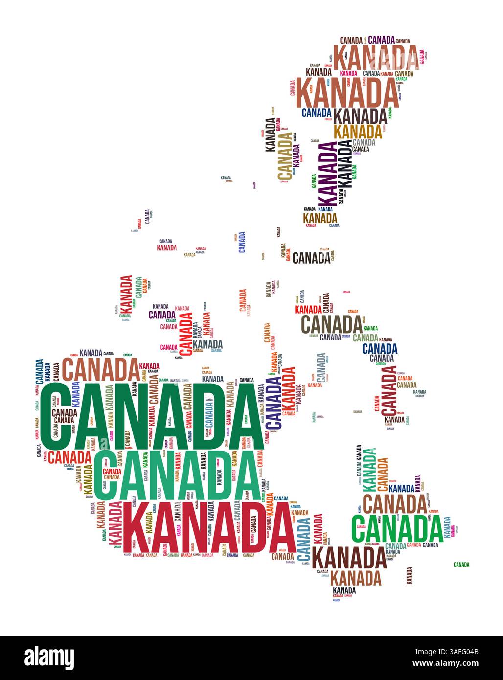 Kanada Country Shape Word Cloud. Typografie-Stil Länderdarstellung. Kanada-Bild im Textwolken-Stil. Vektorabbildung. Stock Vektor