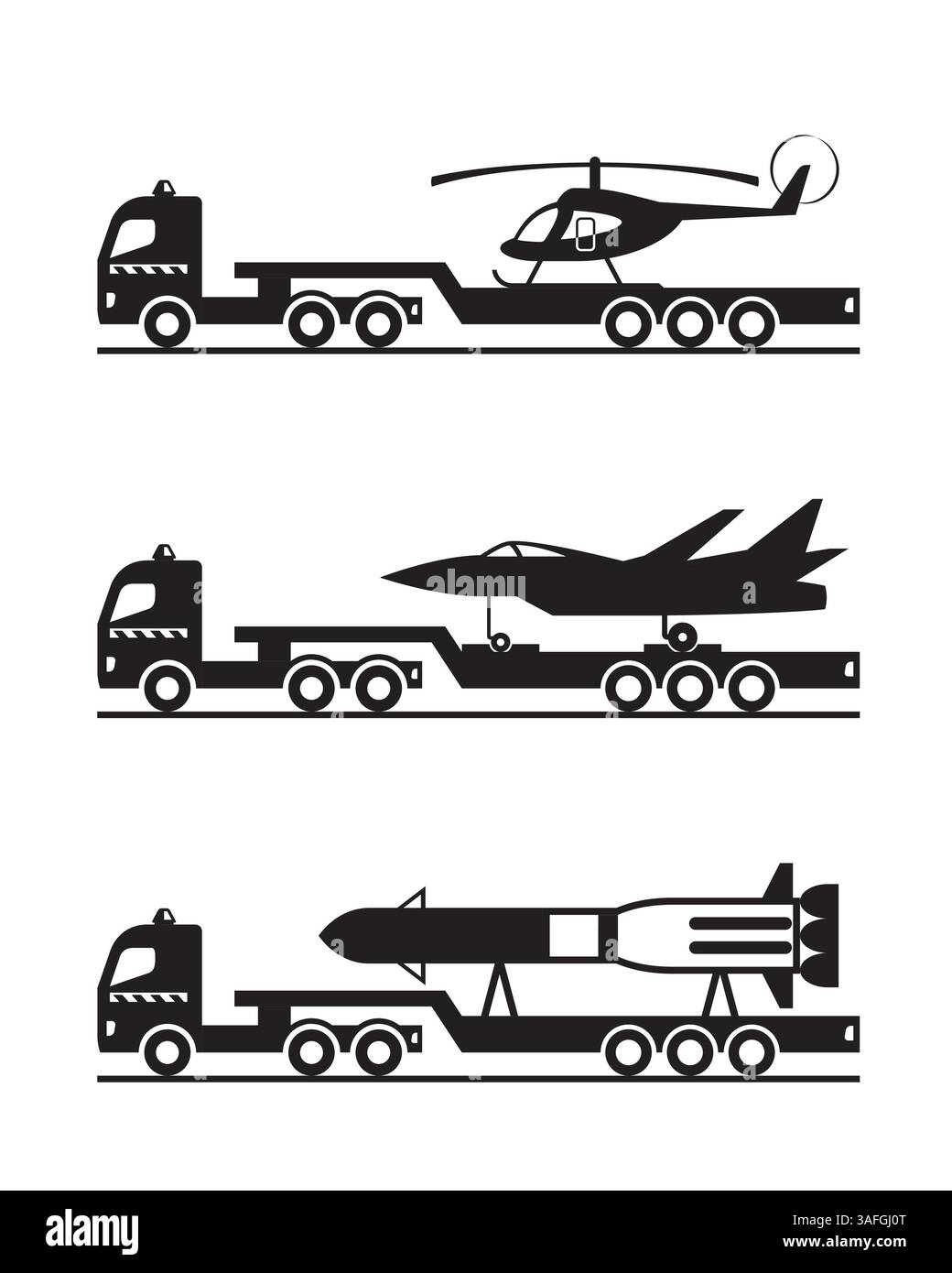 Traktor-Lkw mit Hubschrauber, Rakete und Flugzeug – Vektorillustration Stock Vektor
