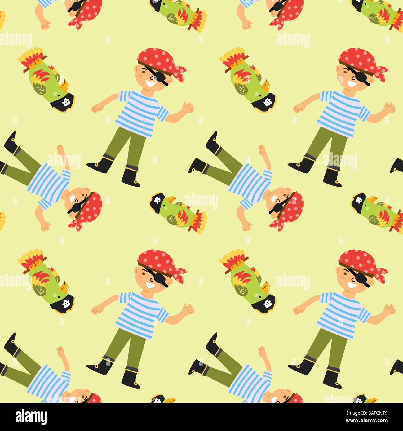 Verspieltes Piratenmuster mit lächelnden Kinderpiraten und bunten Papageien auf gelbem Hintergrund. Stock Vektor