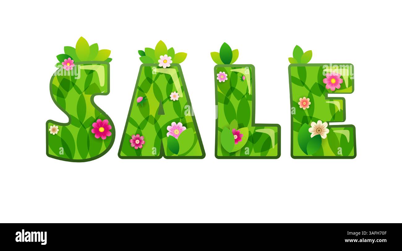 Creative Sale Banner mit grünen Blättern und rosa Blumen. Frühlings- oder Sommerkonzept. 3D-Konstruktionselemente. Einkaufsgutschein. Geschenkkartenvorlage. Werben Stock Vektor