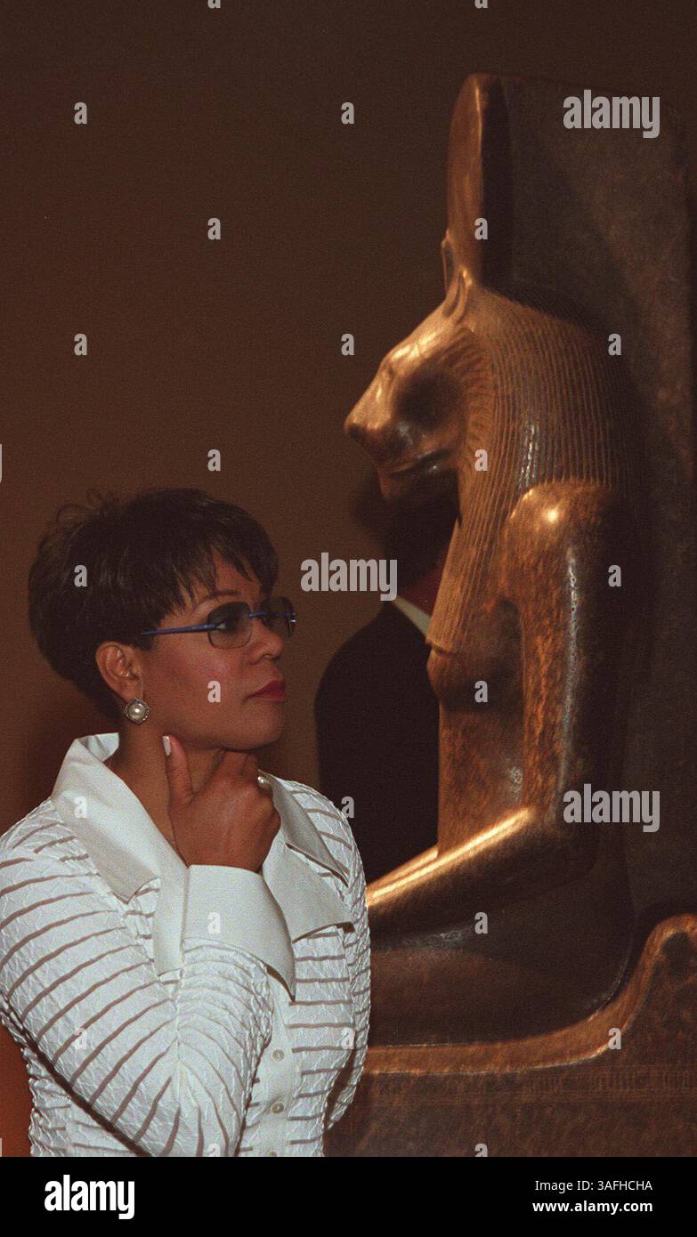 Während der kurzen Besichtigung von „The Quest for Unsterblichkeit“, einer neuen Sammlung von alten ägyptischen Artefakten, die im Ostflügel der National Gallery of Art ausgestellt sind, am Donnerstag, den 27. Juni 2002, untersucht Andrea Roane nachdenklich einige der erläuternden Texte. (Bild: Washington Times/ZUMAPRESS.com) Stockfoto