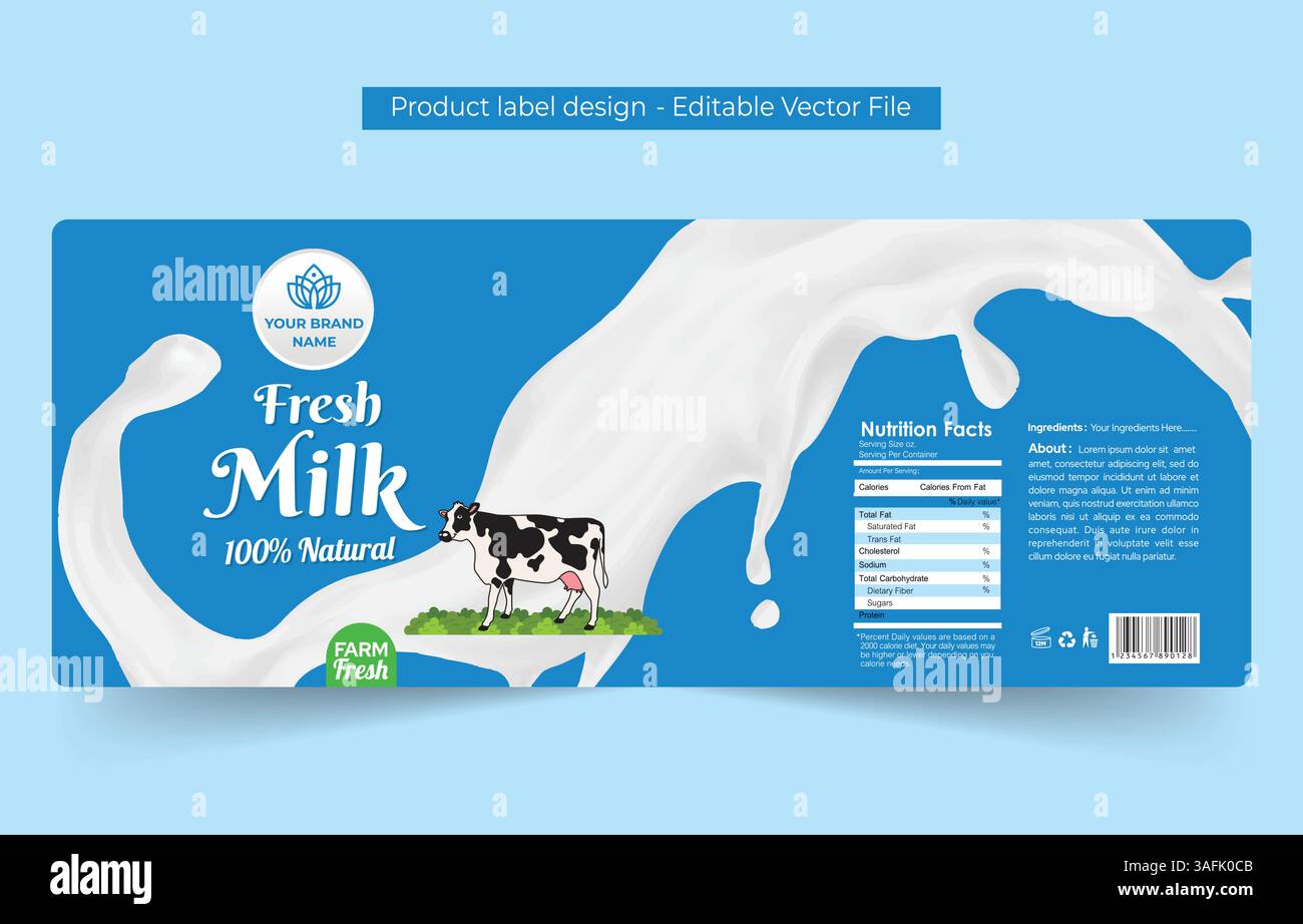 Milk Label Design Ideen, Kuhmilch Label Design, Farm Frische reine natürliche Bio Milch Flasche Etikett Design Produkt Verpackung Beutel editierbare Vektordatei Stock Vektor