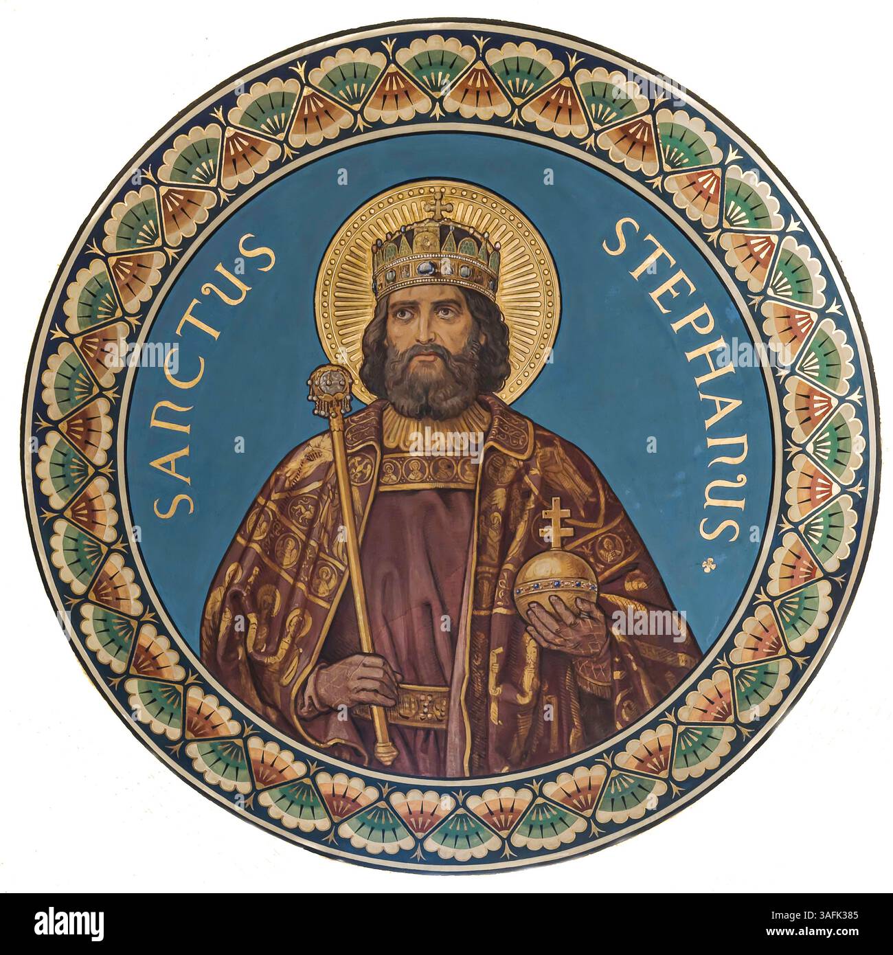 St. Stephan in traditioneller sakraler Kunst dargestellt, gekrönt und mit Kugel und Zepter, umgeben von kunstvoller mittelalterlicher christlicher Ikonographie, Ungarn Stockfoto