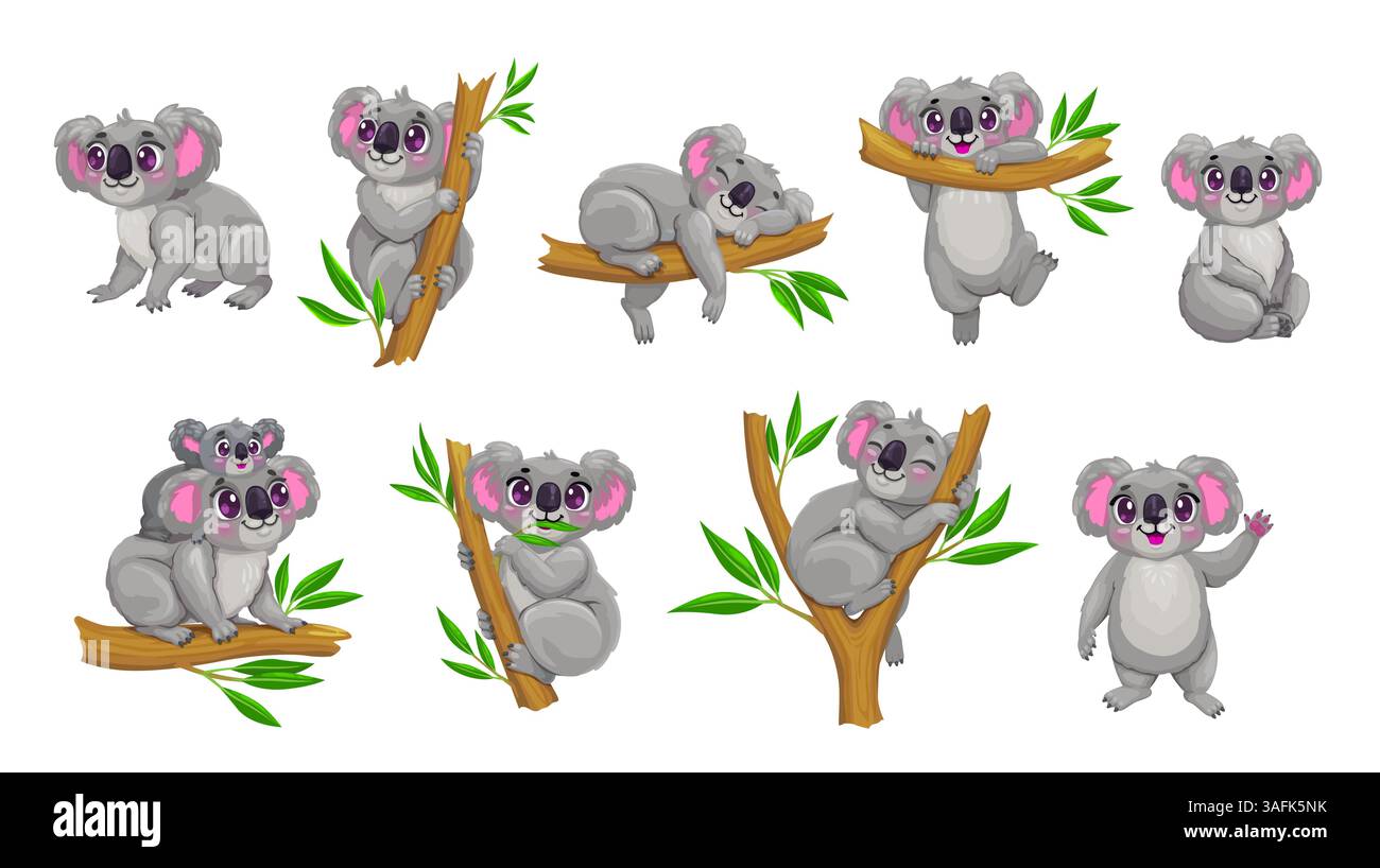 Cartoon-Set mit niedlichen Koalabären. Lustige australische Bärentiere auf Ästen. Fröhliche graue Koala-Charaktere essen Eukalyptusblätter, schlafen und winken die Pfote, tragen das Baby auf dem Rücken und ruhen sich aus Stock Vektor