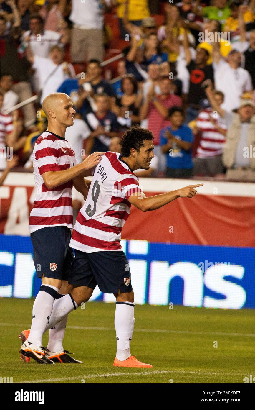 30. Mai 2012: US-Stürmer Herculez Gomez (9) feiert ein Tor während eines Spiels zwischen Brasilien und den USA im Fed Ex Field in Landover, Maryland. Brasilien besiegte die USA mit 4:1. (Kreditbild: â Kostas Lymperopoulos/Cal Sport Media)(Kreditbild: © Kostas Lymperopoulos/Cal Sport Media/ZUMAPRESS.com) Stockfoto