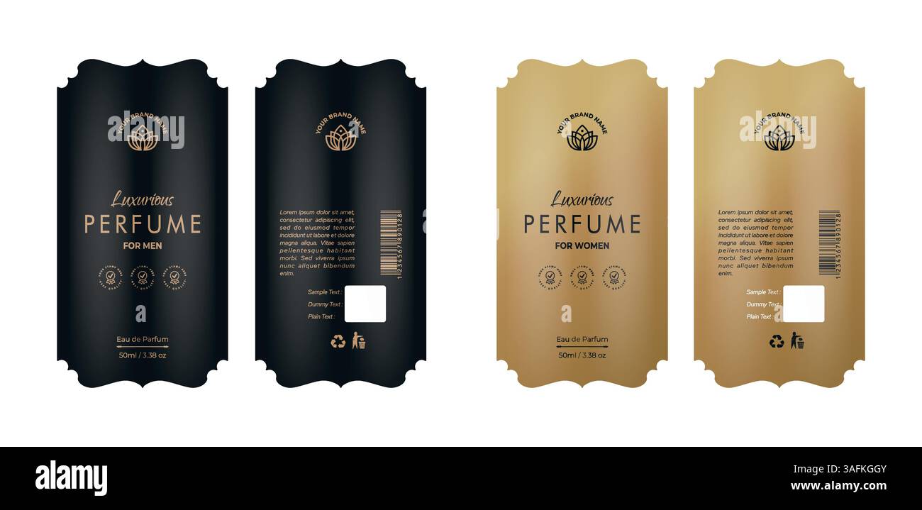 Kollektion von Parfümetiketten, goldschwarzen Rahmenschablonen, Logo, Verpackung, Design von Luxusprodukten. Etikettenvorlage für Seife, Wein, Lotion Stock Vektor