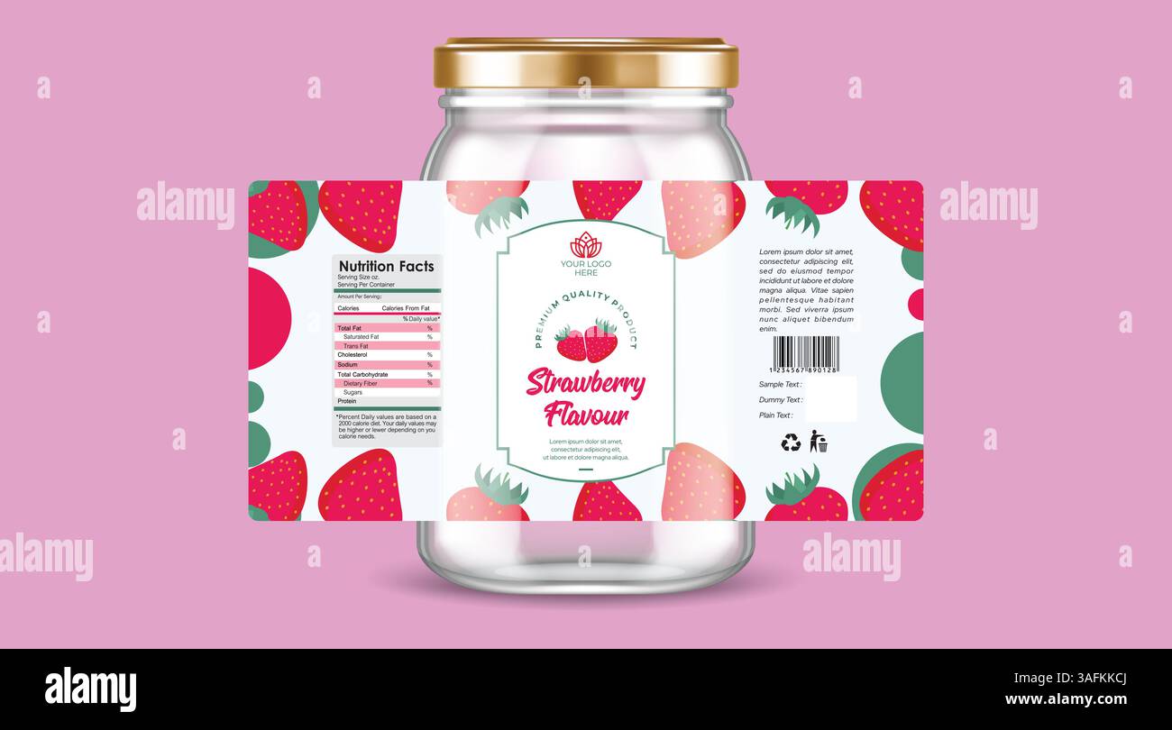 Etikettendesign für Erdbeermarmelade, Verpackung für Obstmarmelade, Etikettendesign für Lebensmittelprodukte, Etikett für Eiscreme mit Erdbeergeschmack, Verpackungsdesign, Etikett für Erdbeere Stock Vektor