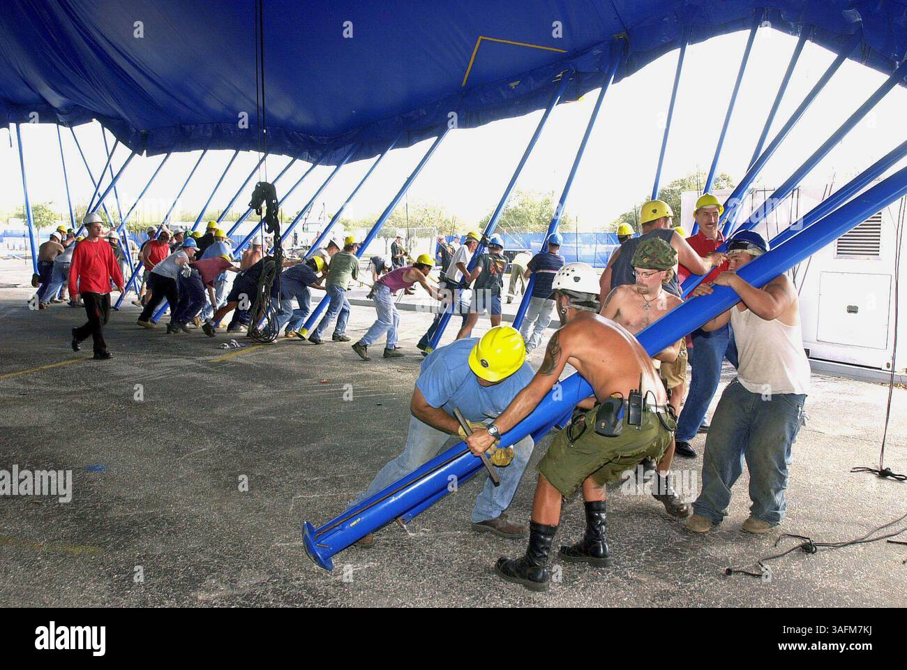 Der Cirque du Soleil hebt das charakteristische blau-gelbe Grand Chapiteau Zelt auf. Etwa 60 Gelegenheitsarbeiter, zusammen mit Bürgermeister Rick Baker (Credit Image: St Petersburg Times/ZUMAPRESS.com) Stockfoto