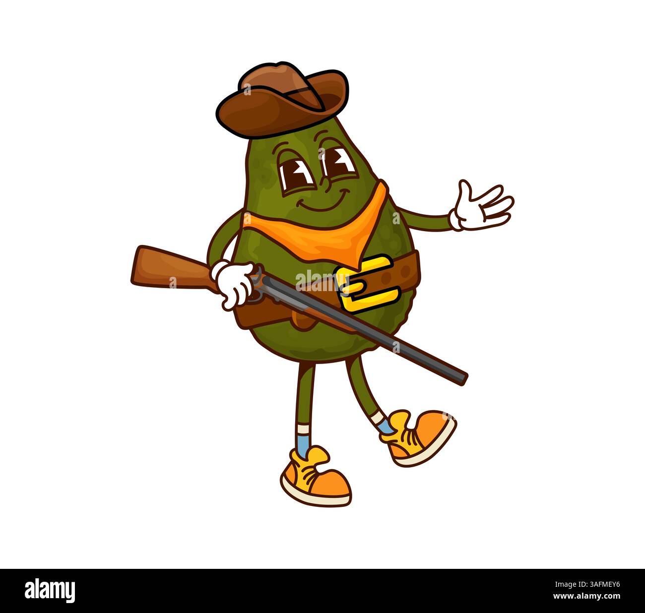 Cartoon-grooviger Avocado-Cowboy und Banditen-Gemüsecharakter. Lustiger Vektor mutiger Western Green Fruit Ranger, Sheriff, Räuberfigur mit Riffle Pistole, Hut, Gürtel, Schal und Retro Hippie Sneakers Stock Vektor