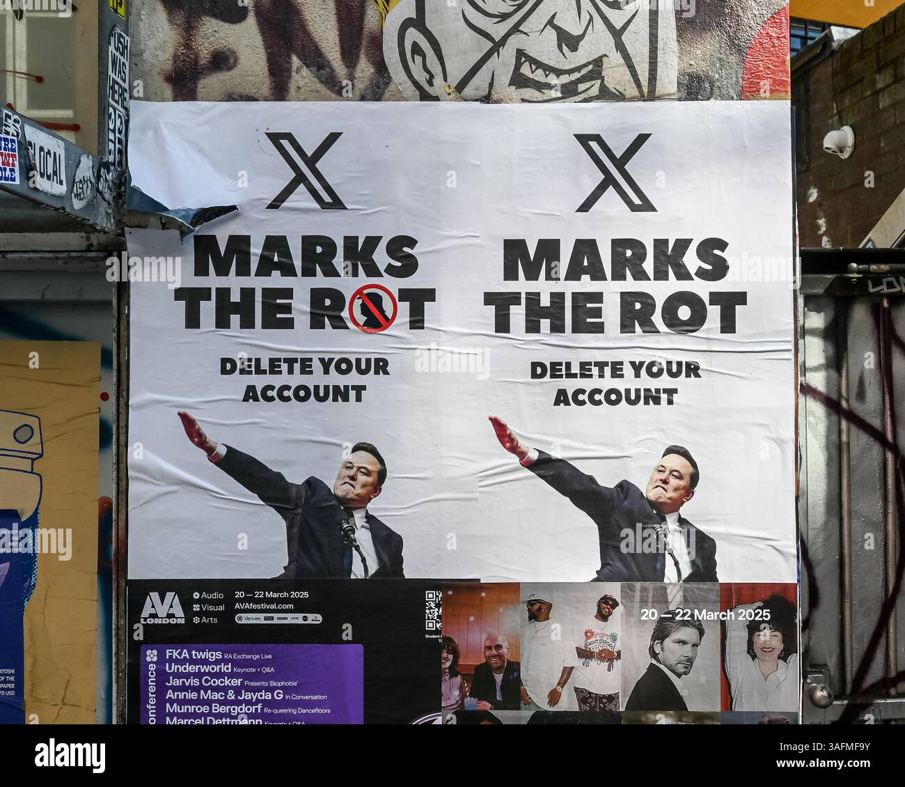 Elon Musk pflegt politische Straßenkunst in Shoreditch, London. 2025. "X markiert die Verrottung" mit Musks Nazi-Gruß Stockfoto