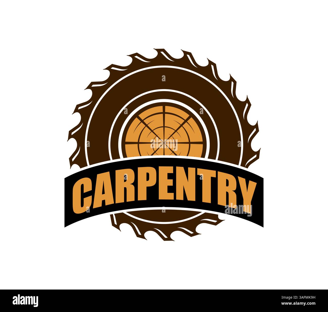 Das Symbol der Tischlerei zeigt Kreissägeblatt, Baumstamm und umlaufenden braunen Text. Vektoremblem, das das Branding des Zimmermanns oder das Holzwerk darstellt, vermitteln traditionelle Holzfällerhandwerkskunst Stock Vektor