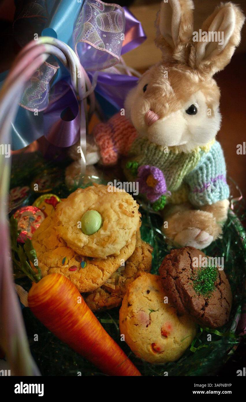 PALM HARBOR (Mittwoch, 23.03.2005) - BILDUNTERSCHRIFT: 1) dieser Osterkorb ist eines von vielen individuellen kreativen Designs, die bei Cookies von S & J Gourmet, Inc. In Palm Harbor erhältlich sind...ZUSAMMENFASSUNG: Susie Martell und Jennifer Budd waren Freunde, Nachbarn und Mütter, als sie beschlossen, wieder an die Arbeit zu gehen, aber trotzdem mit ihren Kindern zusammen sein wollten. Nach dem Testen von Rezepten, der Erstellung eines Geschäftsplans und der Jagd nach Ausrüstung, eröffneten sie Cookies by S&J Gourment im Juni 2002. Sie stellen meistens Geschenkkörbe für eine Vielzahl von Anlässen und Geschäftskunden her. Am meisten backen und arbeiten sie am Mittwoch Stockfoto
