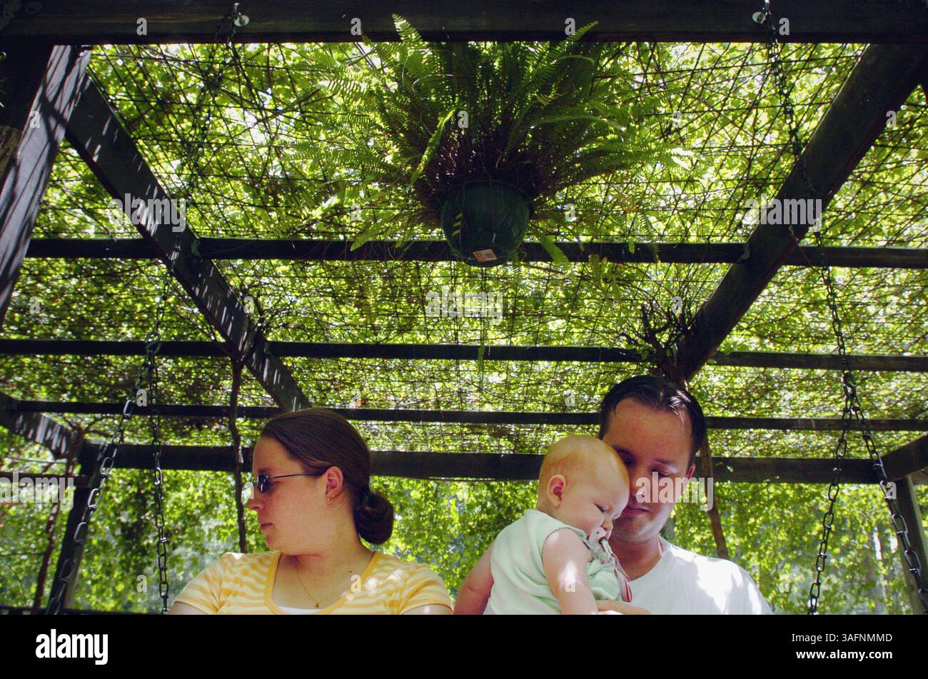 BILDUNTERSCHRIFT: (07/06/2005 Chiefland) Erica Lathem (cq von Subject), 25, von Newberry entspannt sich im Schatten von Muskadinen mit ihrem Ehemann Daniel Lathem (cq von Subject), 25, von Newberry und ihrer 5 Monate alten Tochter Emily am 6. Juli 2005 im Dakotah (cq) Winery in Chiefland. Auf dem Weingut werden vor Ort verschiedene Weinsorten aus Muskadinen hergestellt, die im Süden heimisch sind. (Bild: St. Petersburg Times/ZUMAPRESS.com) Stockfoto