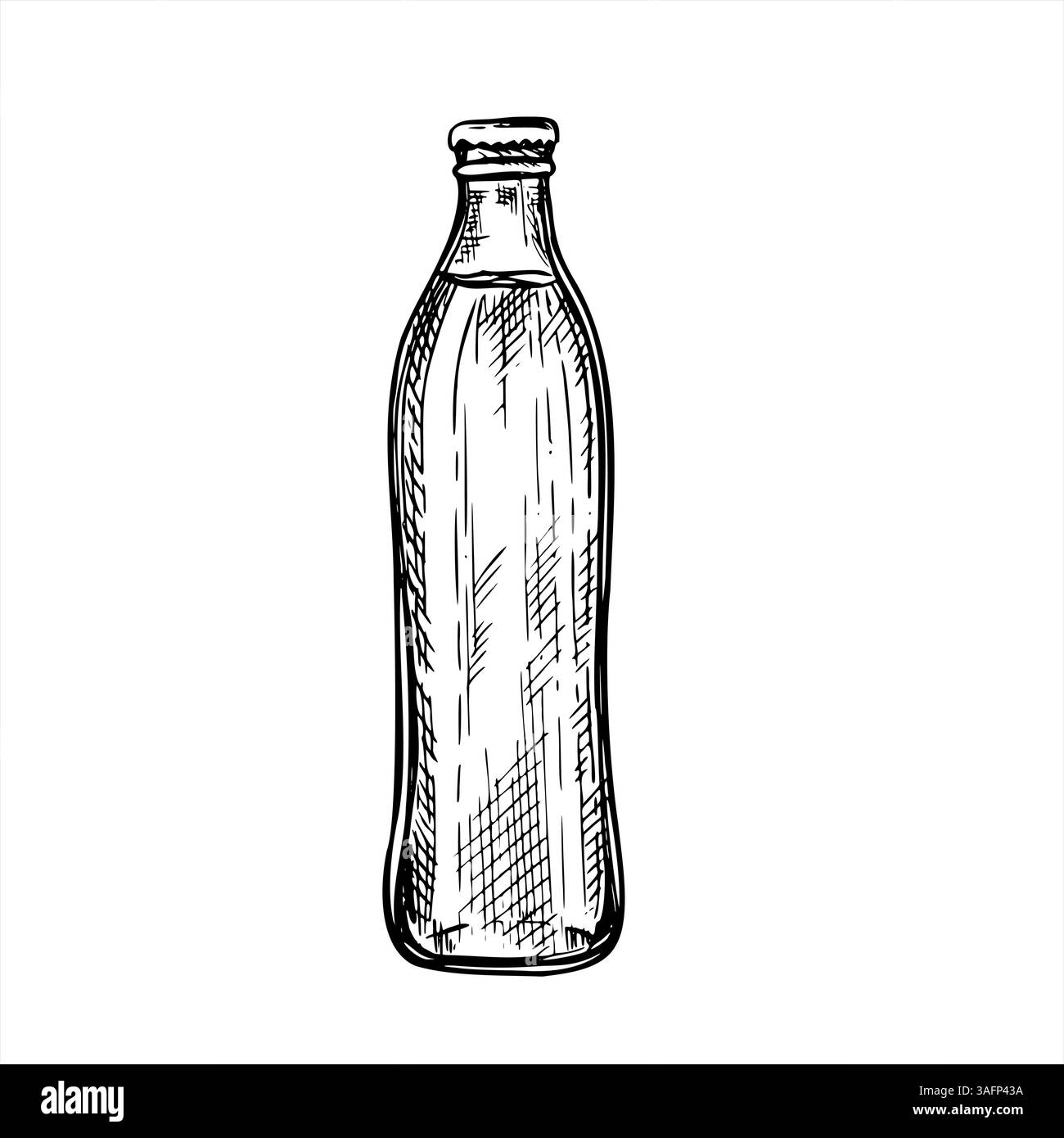 Vektor-Nahaufnahme Trinkglas mit schwarzer Tinte Illustration des Getränks. Für Verpackungsdesigns für Bier, Limonade oder Energy Drinks. Ätzen, Zeichnen der Wasserflasche Stock Vektor