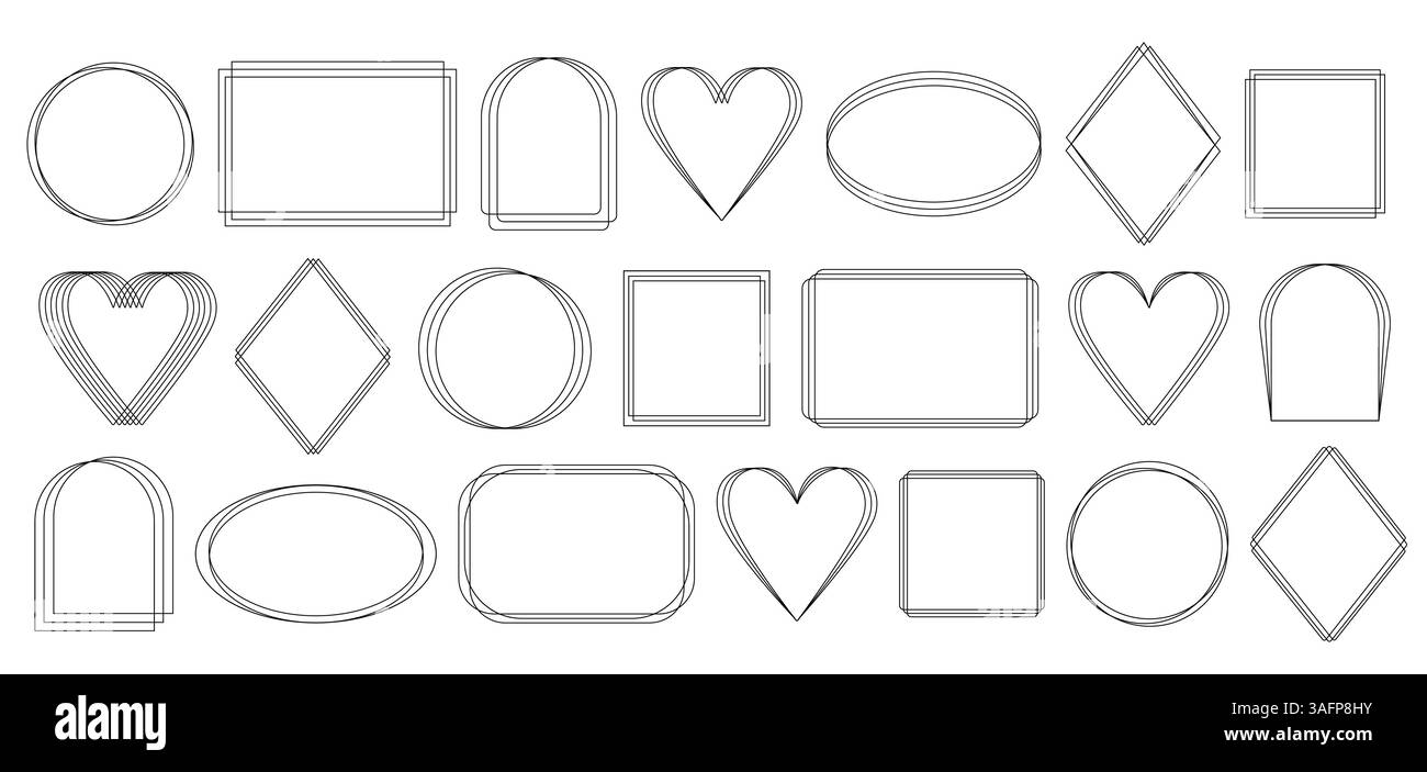 Dünne elegante geometrische Rahmen Set, einfache handgezeichnete Umrissvektorsammlung im Art-Deco-Stil für festliche oder wichtige Anlässe Dekor, .Form des Herzens, oval, quadratisch, rechteckig, Kreis, Diamant. Stock Vektor