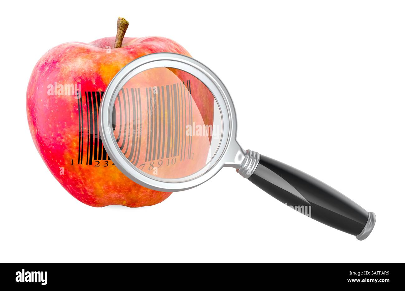 Apfel mit Strichcode-Etikett unter Lupe, Lupe. 3D-Rendering isoliert auf weißem Hintergrund Stockfoto