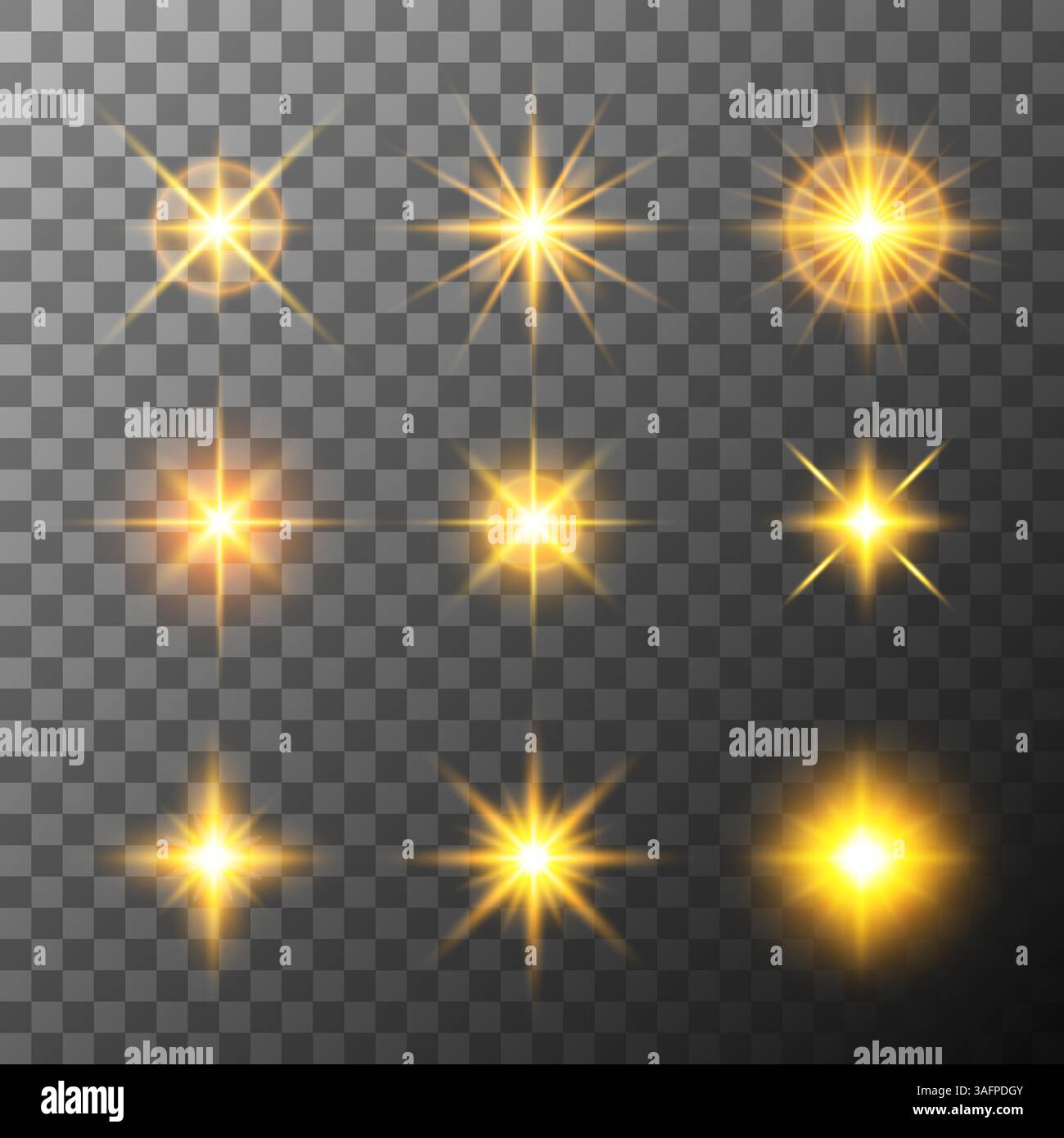 Set mit goldenen Lichtern und Starburst-Effekten. Festliche Dekorationen und realistische Lichter Stock Vektor