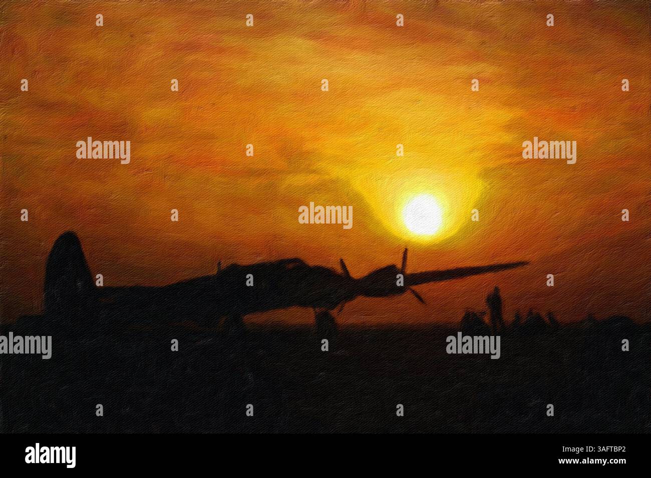 Silhouette bei Sonnenuntergang der B-17 Flying Fortress, Langley Field, Hampton, Virginia, Vereinigte Staaten, Juli 1942. Stockfoto