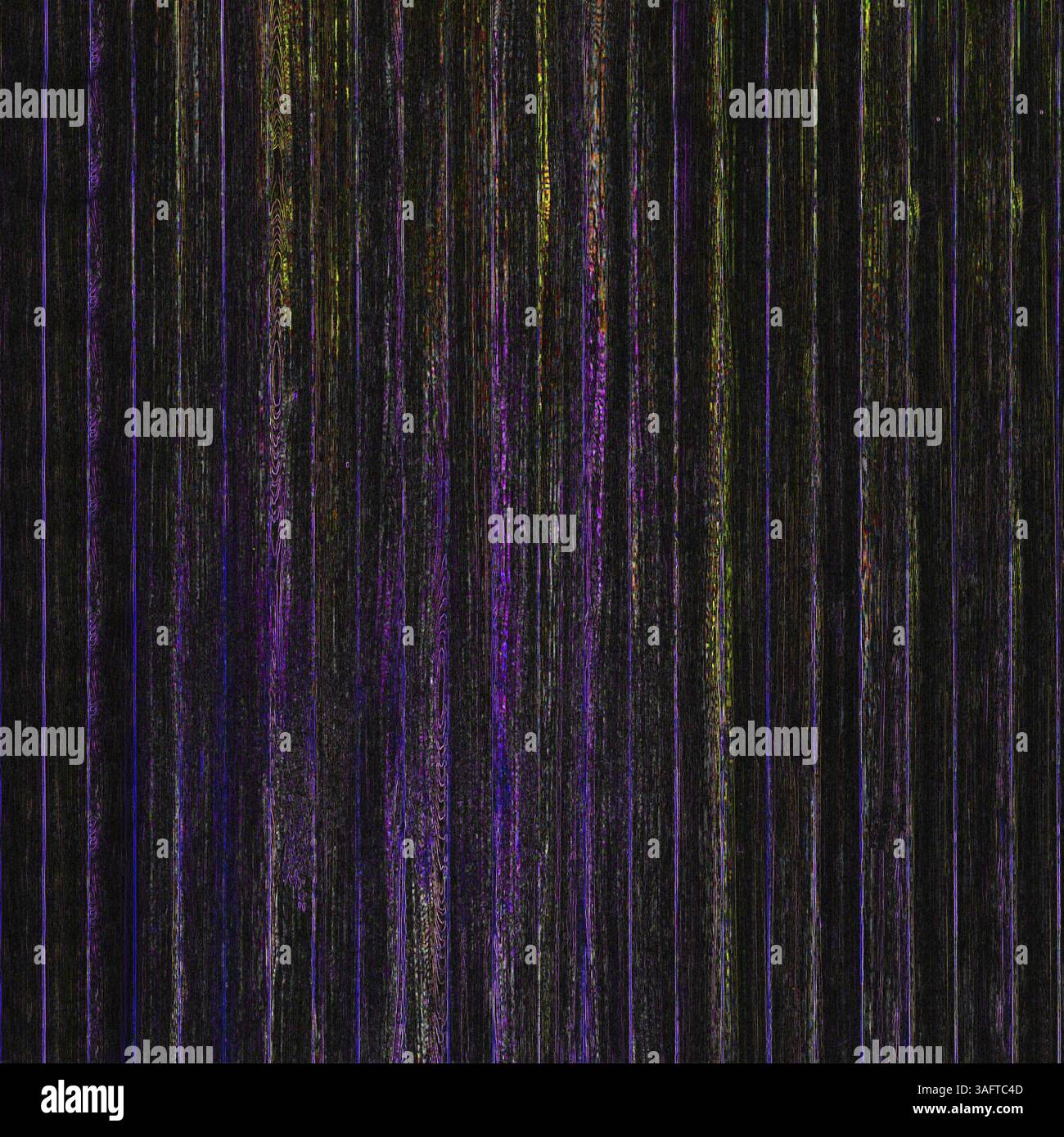 Abstrakter Hintergrund aus violetten und grünen vertikalen Linien, die verzerrtes Signal oder visuelle Interferenzen simulieren, perfekt für technische oder Glitch-Kunstprojekte. Bel Stockfoto