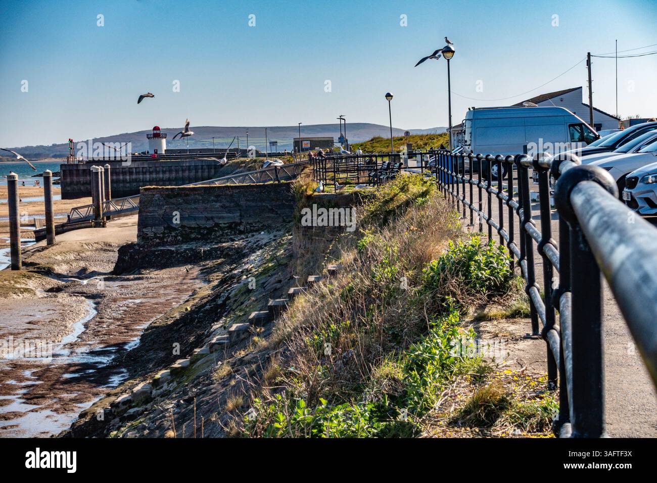 An einem sonnigen Apriltag sehen Sie entlang der Geländer am Burry Port in Carmarthenshire, Südwales, Großbritannien Stockfoto