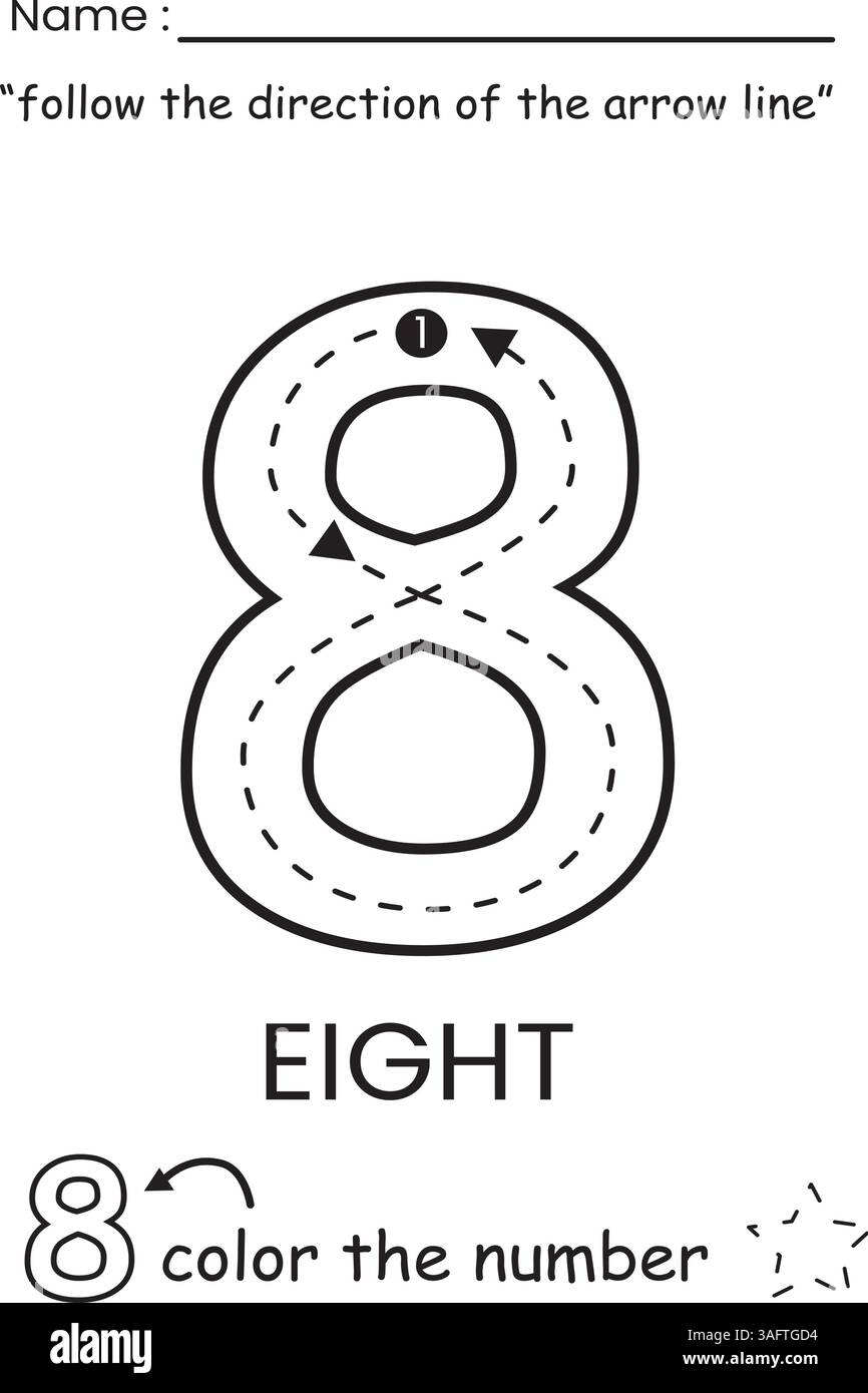 Arbeitsblatt für Nummernverfolgung und Ausmalen für Kinder Stock Vektor
