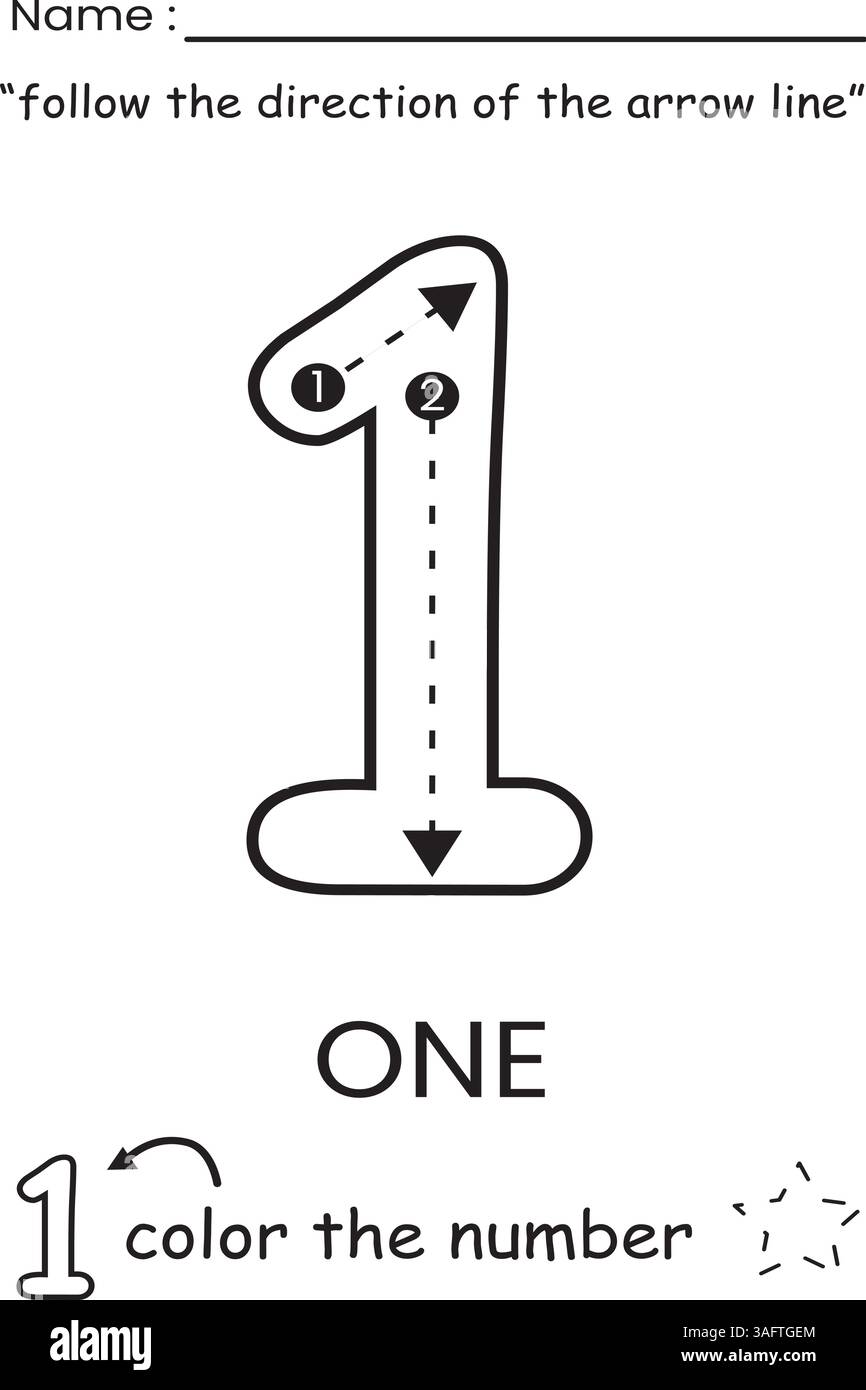 Arbeitsblatt für Nummernverfolgung und Ausmalen für Kinder Stock Vektor