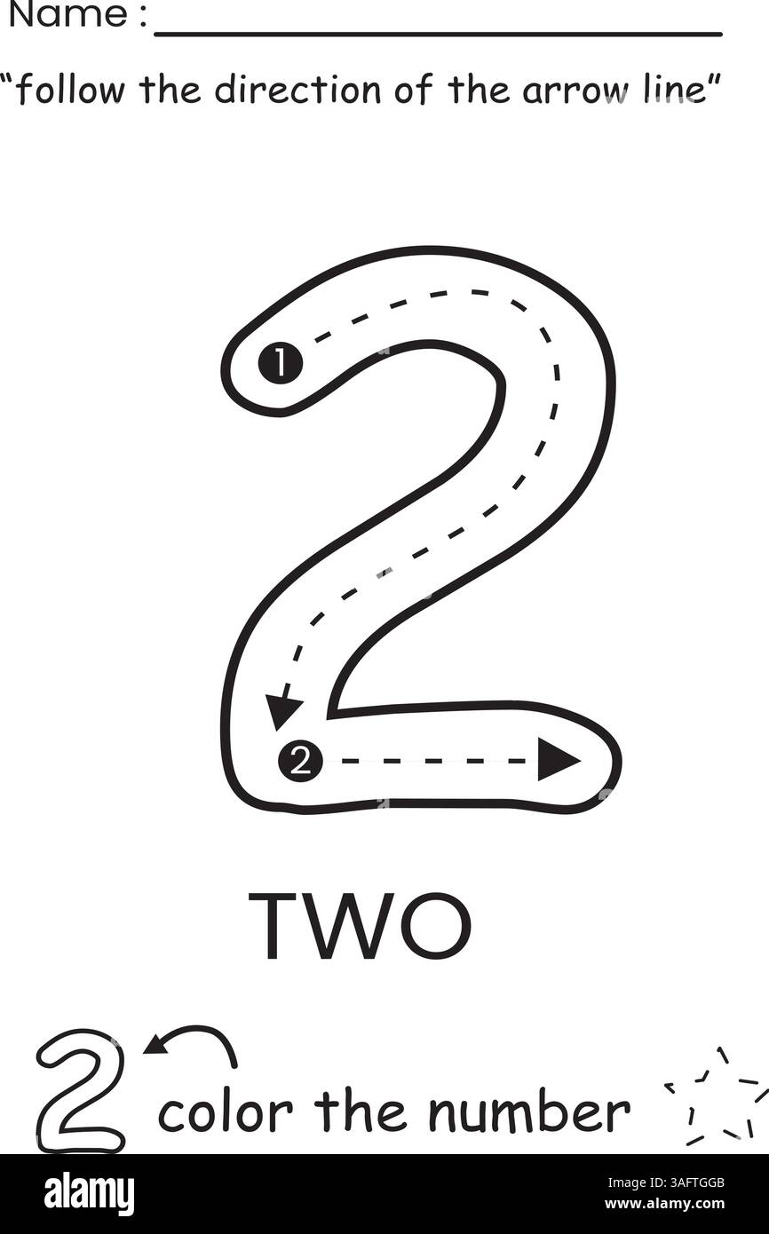 Arbeitsblatt für Nummernverfolgung und Ausmalen für Kinder Stock Vektor