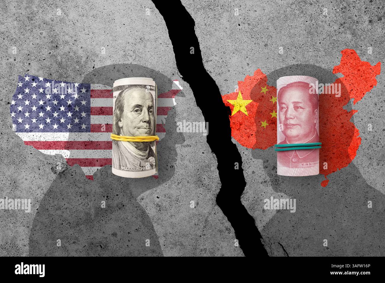 USA und China Flaggen an einer Betonmauer. Handelskrieg der USA und Chinas. China und die Vereinigten Staaten von Amerika im Handelswettbewerb Stockfoto