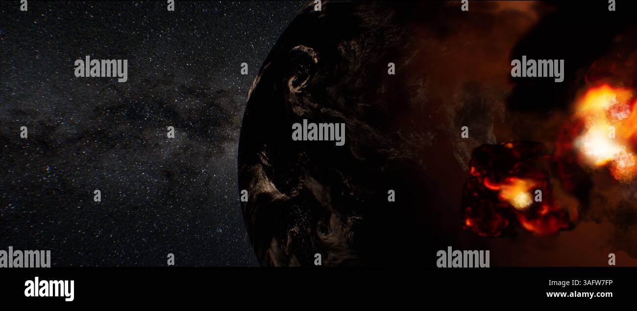 Schwere Bombardierung der Erde durch Asteroiden, die Periode der Bildung von organischem Leben auf dem Planeten, abiogenese, vor etwa 4-3 Milliarden Jahren, 3D-Visualisierung, Asteroiden fliegen aus dem Weltraum Stockfoto