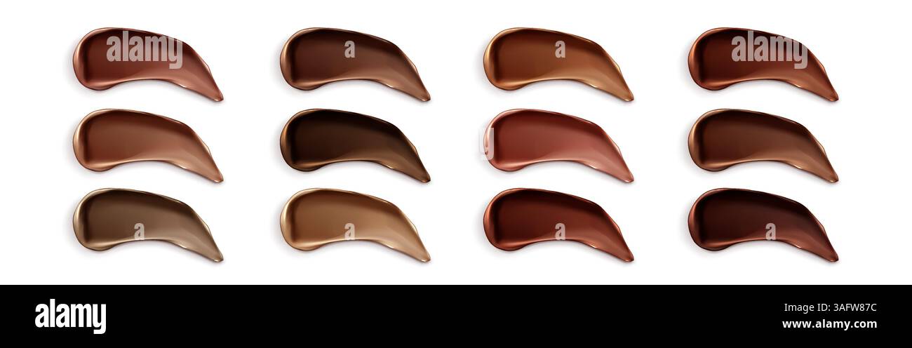 Dunkle Foundation-Striche isoliert auf weißem Hintergrund. Vektor-realistische Illustration von Braunton Palette, Gesicht Haut Concealer Farbmuster, Make-up Flüssigkeit oder Creme Proben, Schokolade Farbe Abstriche Stock Vektor