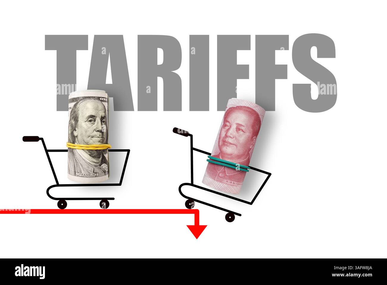 100 Dollar und 100 Yuan auf weißem Hintergrund mit dem Wort Tarifs. Handel und Zollkrieg ZWISCHEN DEN USA und China. Wirtschaftskrise, Inflation und Rohstoffpreise Stockfoto