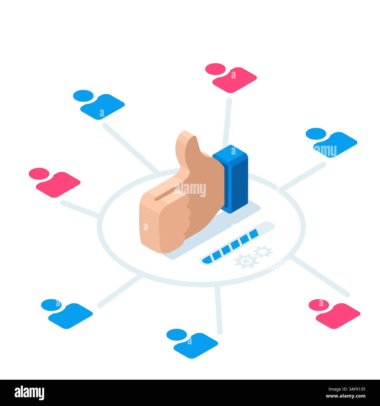 Isometrisches ähnliches Symbol und farbige Benutzersymbole auf weißem Hintergrund, Zunahme der Likes von Abonnenten Stock Vektor