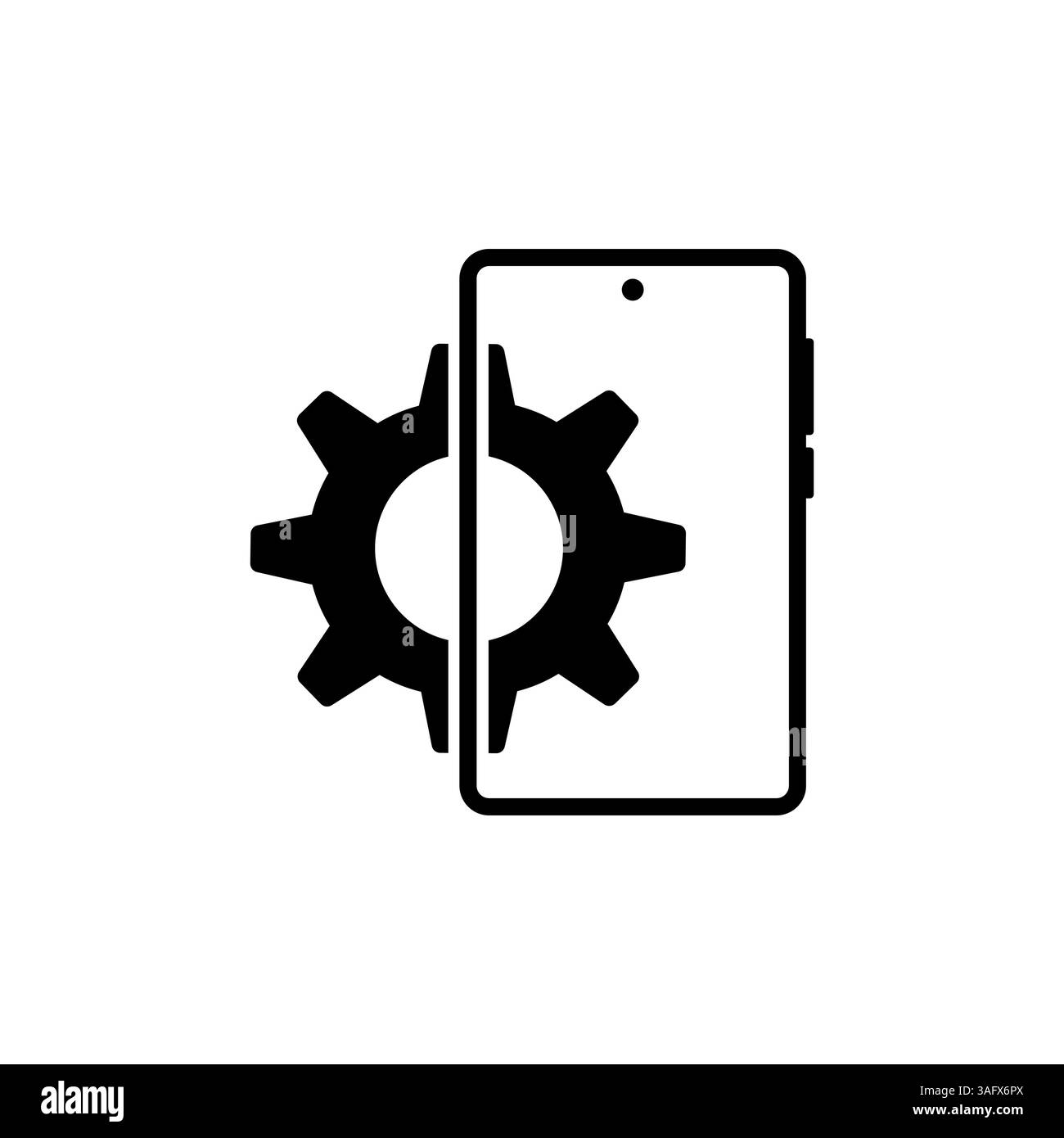 Smartphone- und Zahnradsymbol in Schwarz auf weißem Hintergrund, Softwareinstallation oder -Reparatur Stock Vektor
