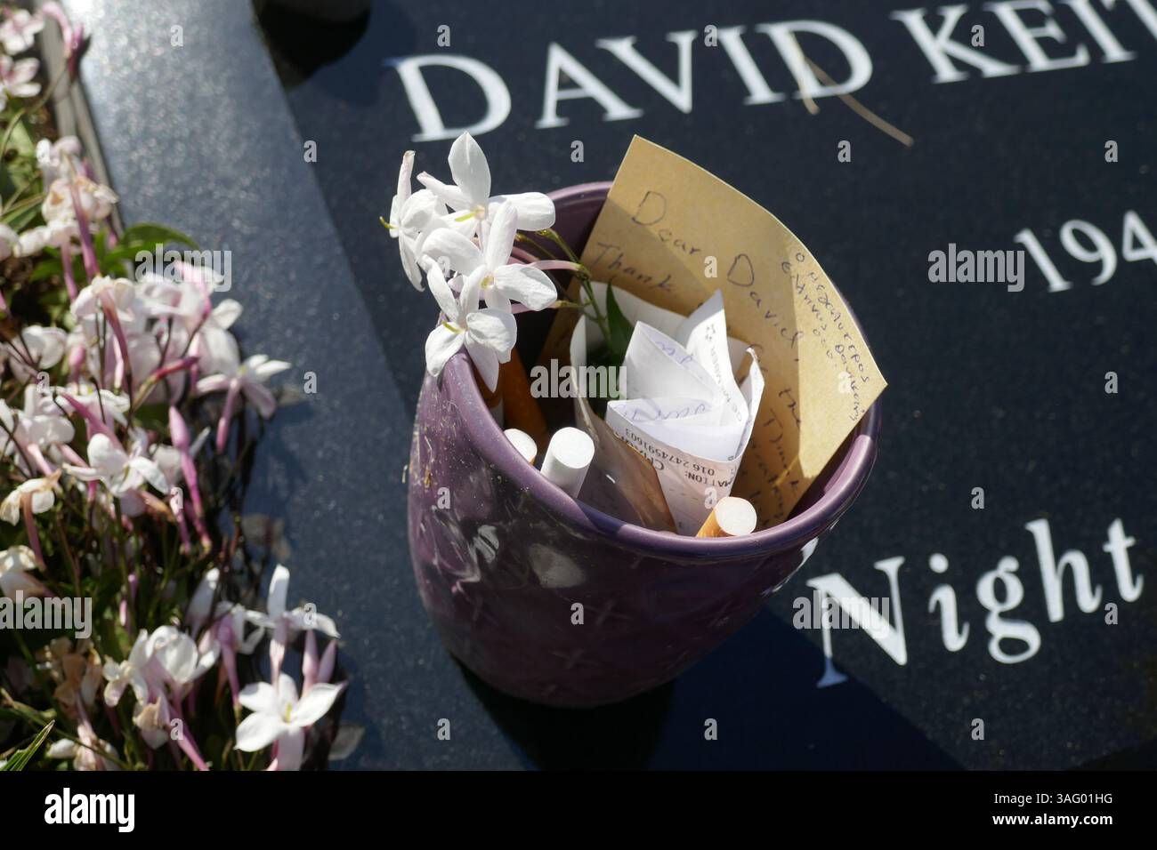 Los Angeles, Kalifornien, USA 7. April 2025 Kaffeetasse, Zigaretten und Notizen auf David Lynch Grave auf dem Hollywood Forever Cemetery am 7. April 2025 in Los Angeles, Kalifornien, USA. David Lynch starb am 16. Januar 2025. Seine Filme/Filme/TV-Serien umfassen Twin Peaks, Mullholland Drive, Blue Velvet, Eraserhead, Twin Peaks Fire Walk With Me, Dune, Lost Highway, The Elephant man, Inland Empire, wild im Herzen, die Fabelmans. Foto: Barry King/Alamy Stock Photo Stockfoto