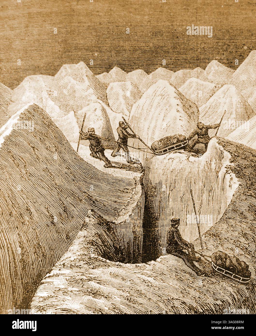 Gravur aus den 1880er Jahren zeigt Entdecker, die eine Gletscherspalte in Norwegen überqueren. - Gravering fra 1880-tallet som viser oppdagelsesreisende som krysser en bresprekk i den Store isbreen i Norge. - Stockfoto