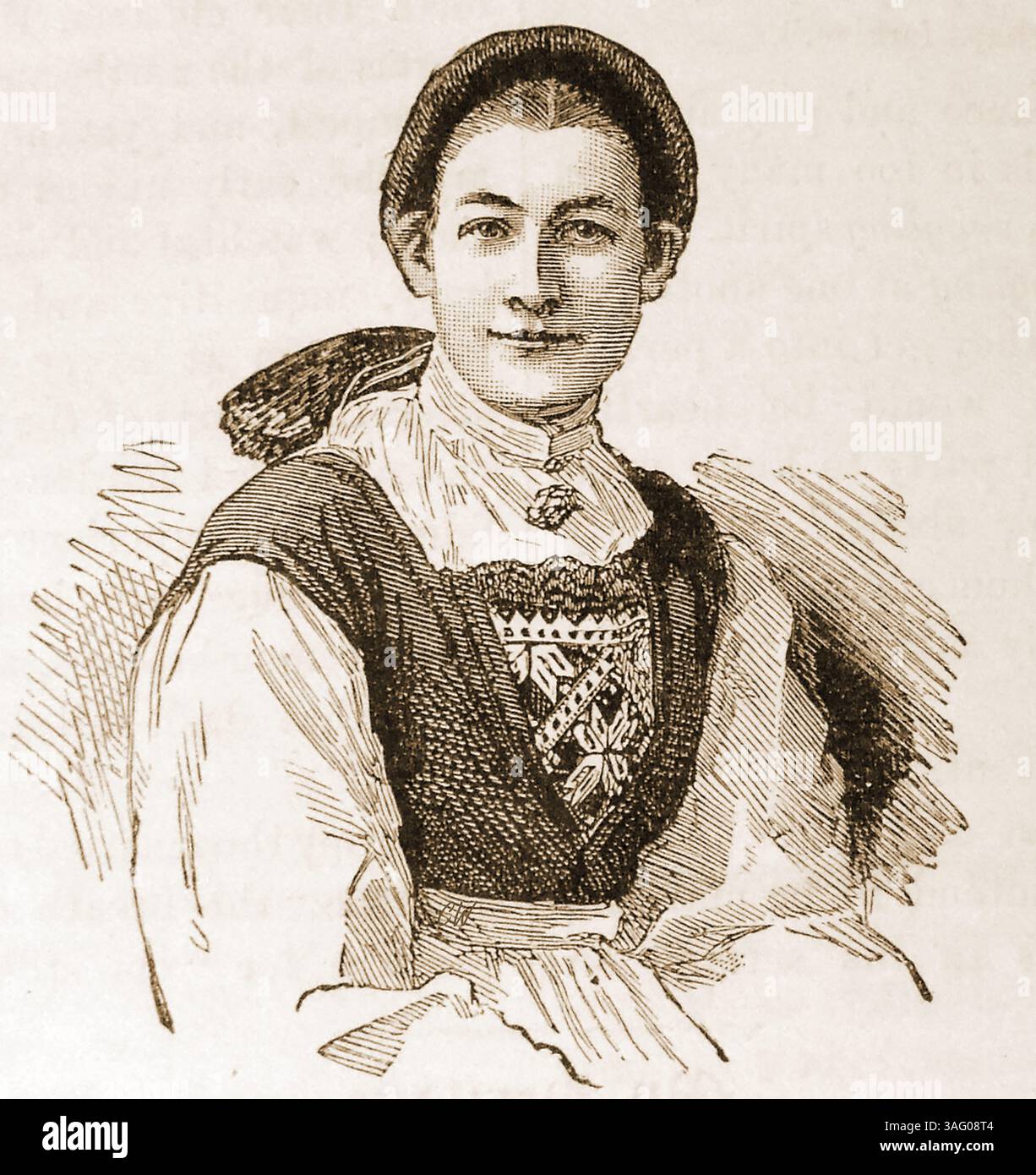 - Ein Stich einer Norwegerin aus dem 19. Jahrhundert in typischer Kleidung der Zeit. - Et 1800-tallsstik av en norsk kvinne i tidstypisk klesdrakt. Stockfoto